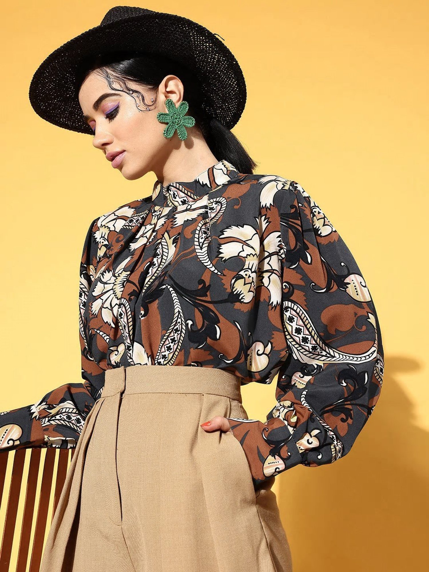 Melon by PlusS Dark Grey Printed Mandarin Collar Top