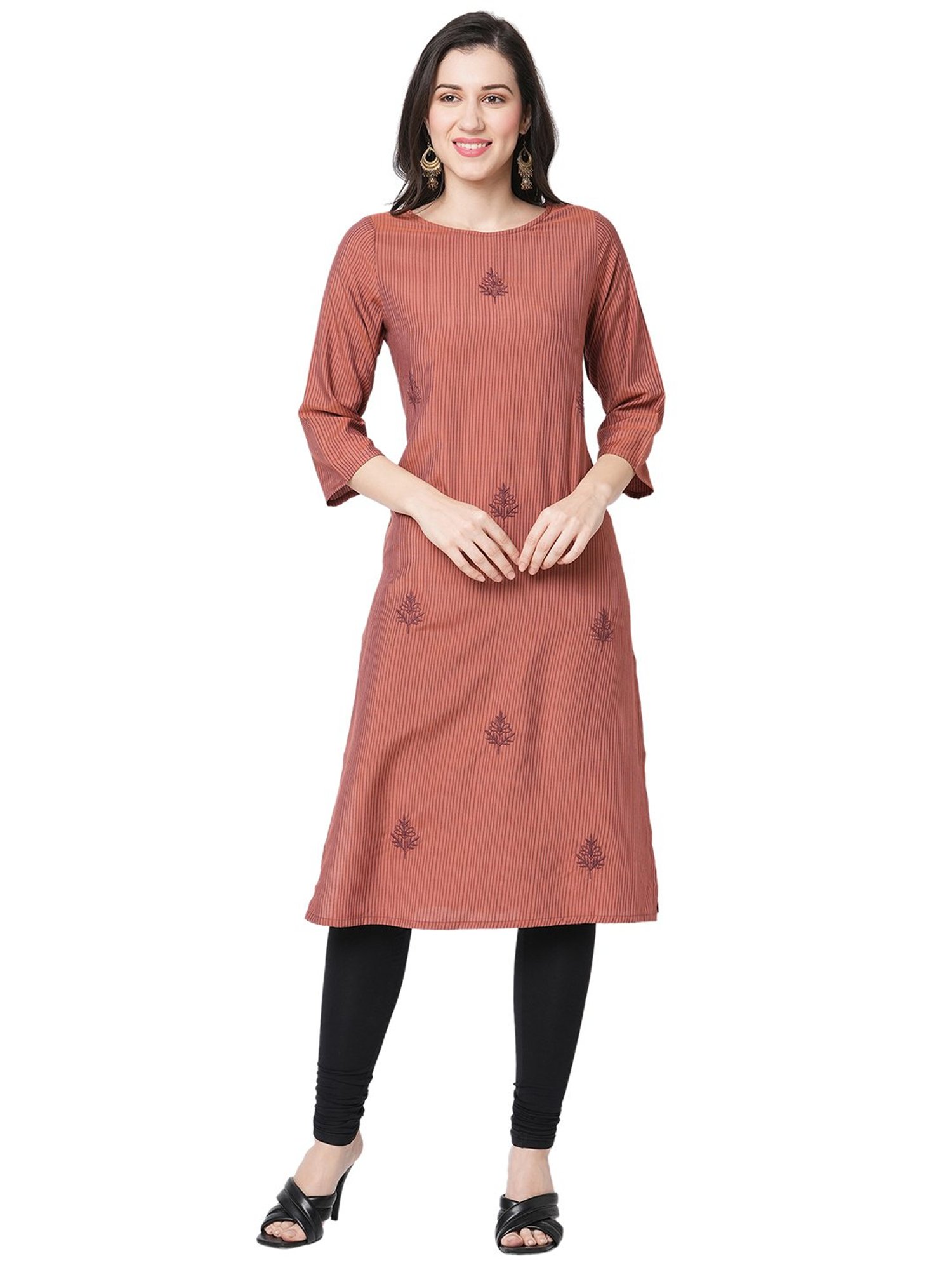 Fusion Beats Brick Red A Line Striped Kurta