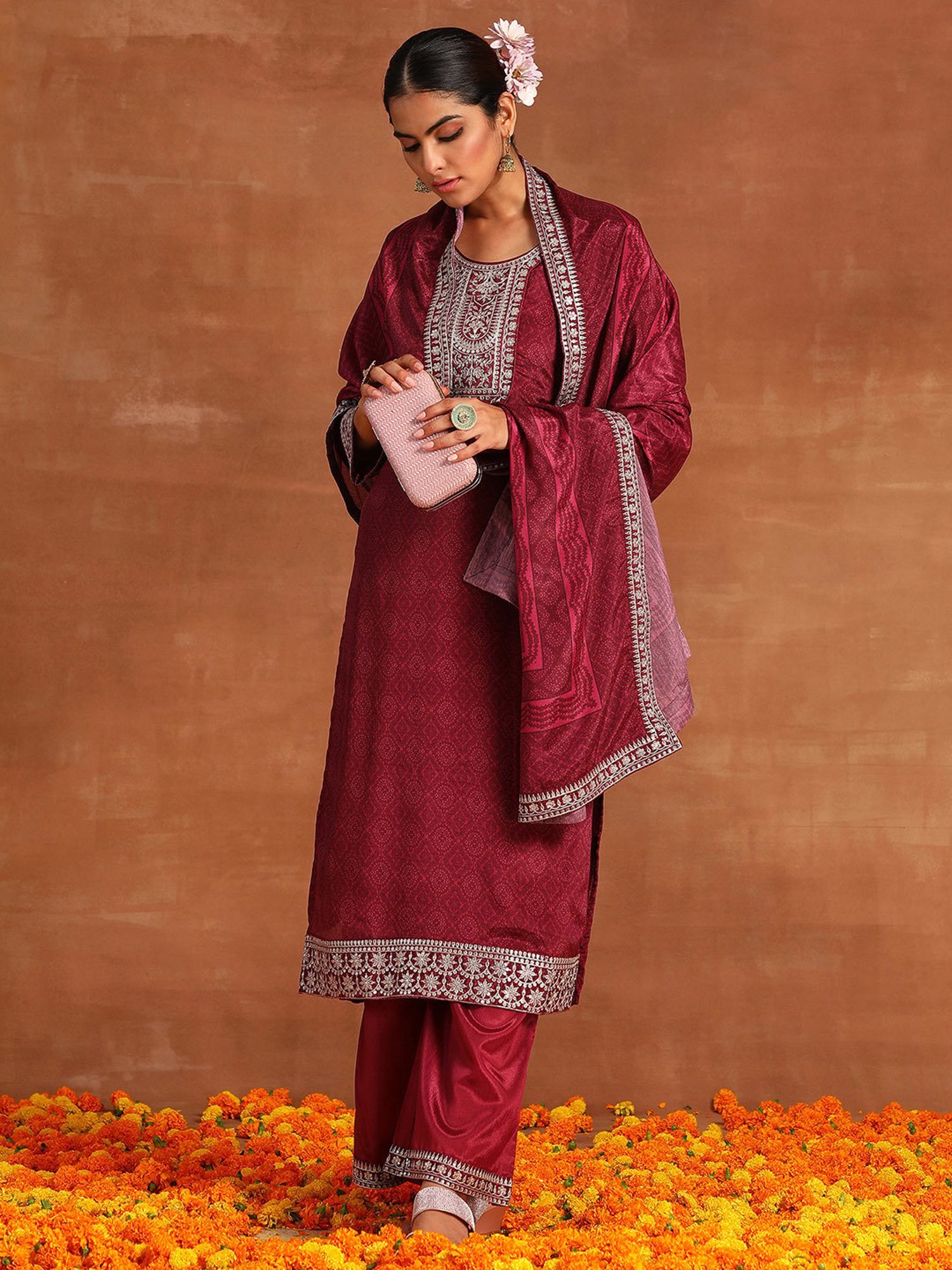 Indo Era Maroon Embroidered Kurta With Pant & Dupatta