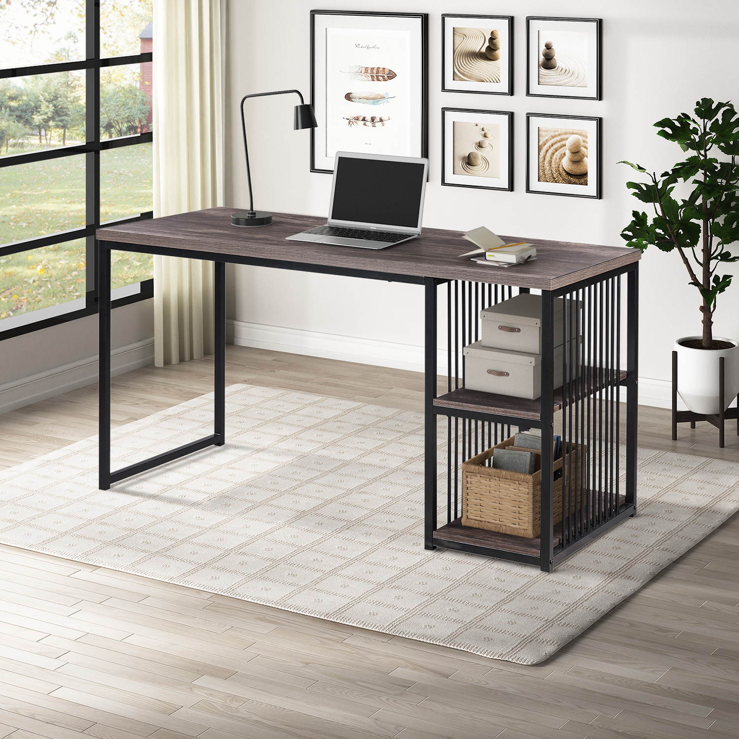 55" Home Office Computer Desk Writing Desk Gaming Desk with 2 Storage Shelves on Left or Right Stable Metal Frame Easy Assembly Brown