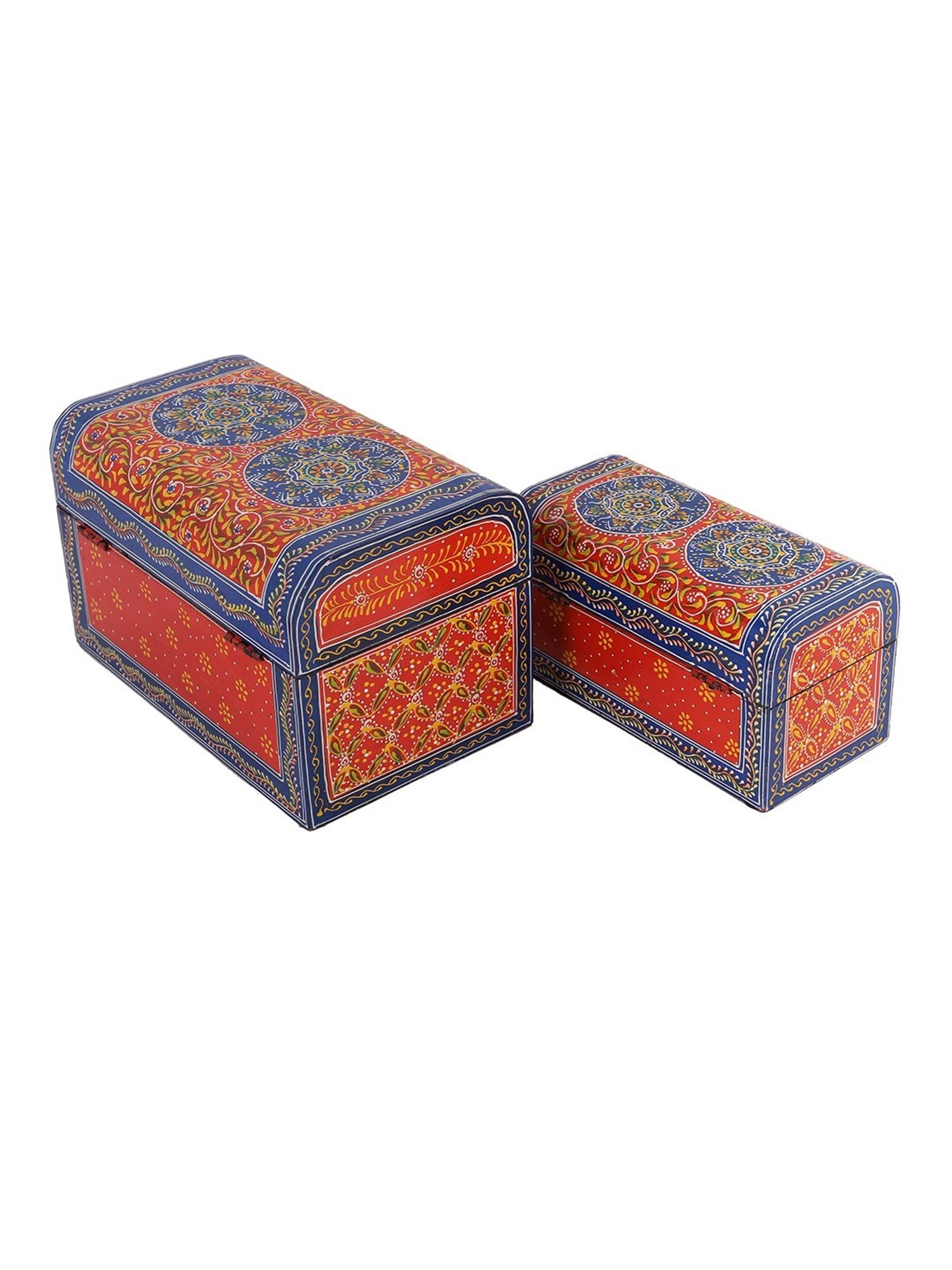 Aapno Rajasthan Red & Blue Wood Handpainted Multi-utility Storage Box - Set of 2