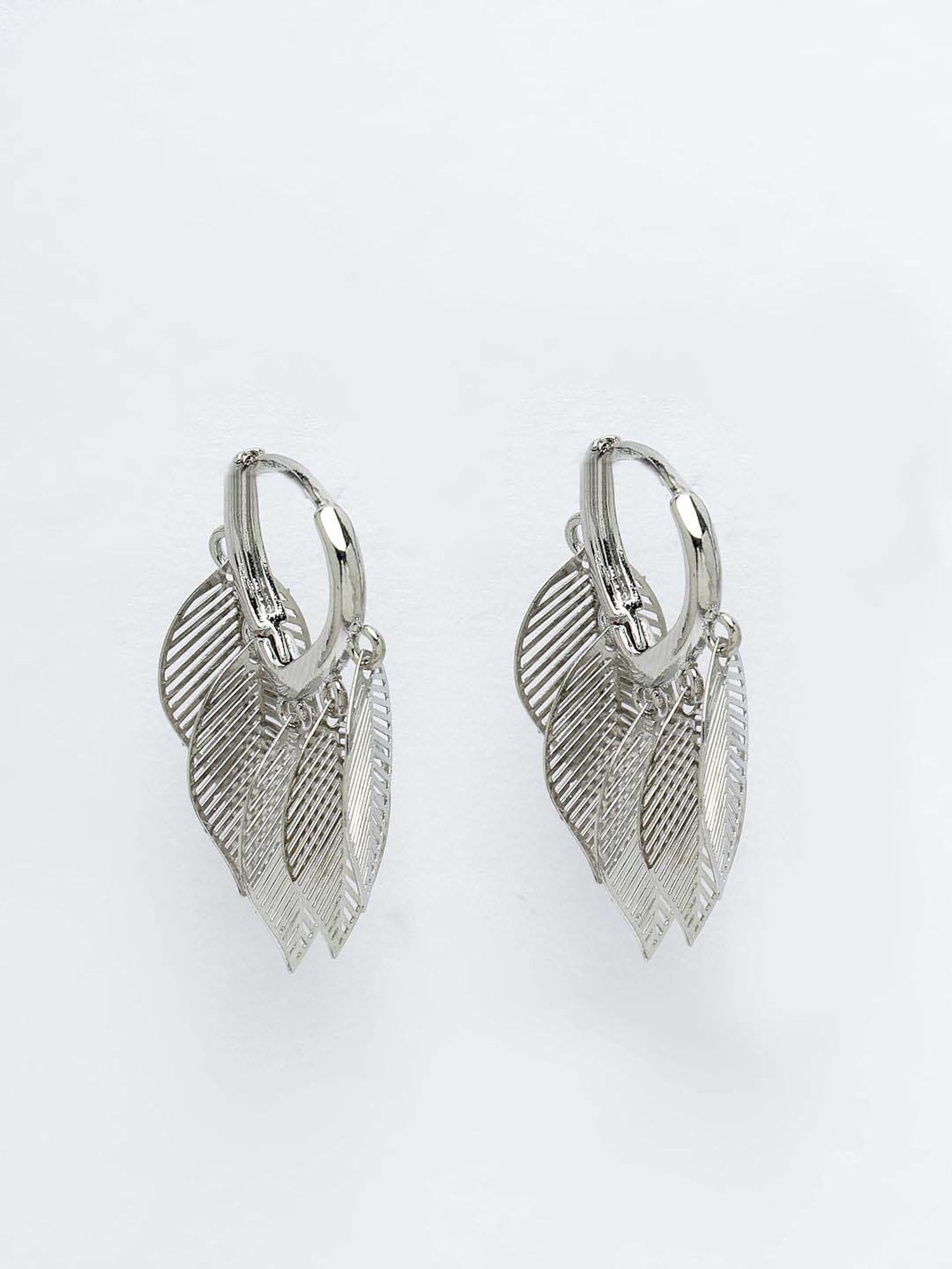 NVR Rhodium Plated Leaf Shaped Drop Earrings for Women