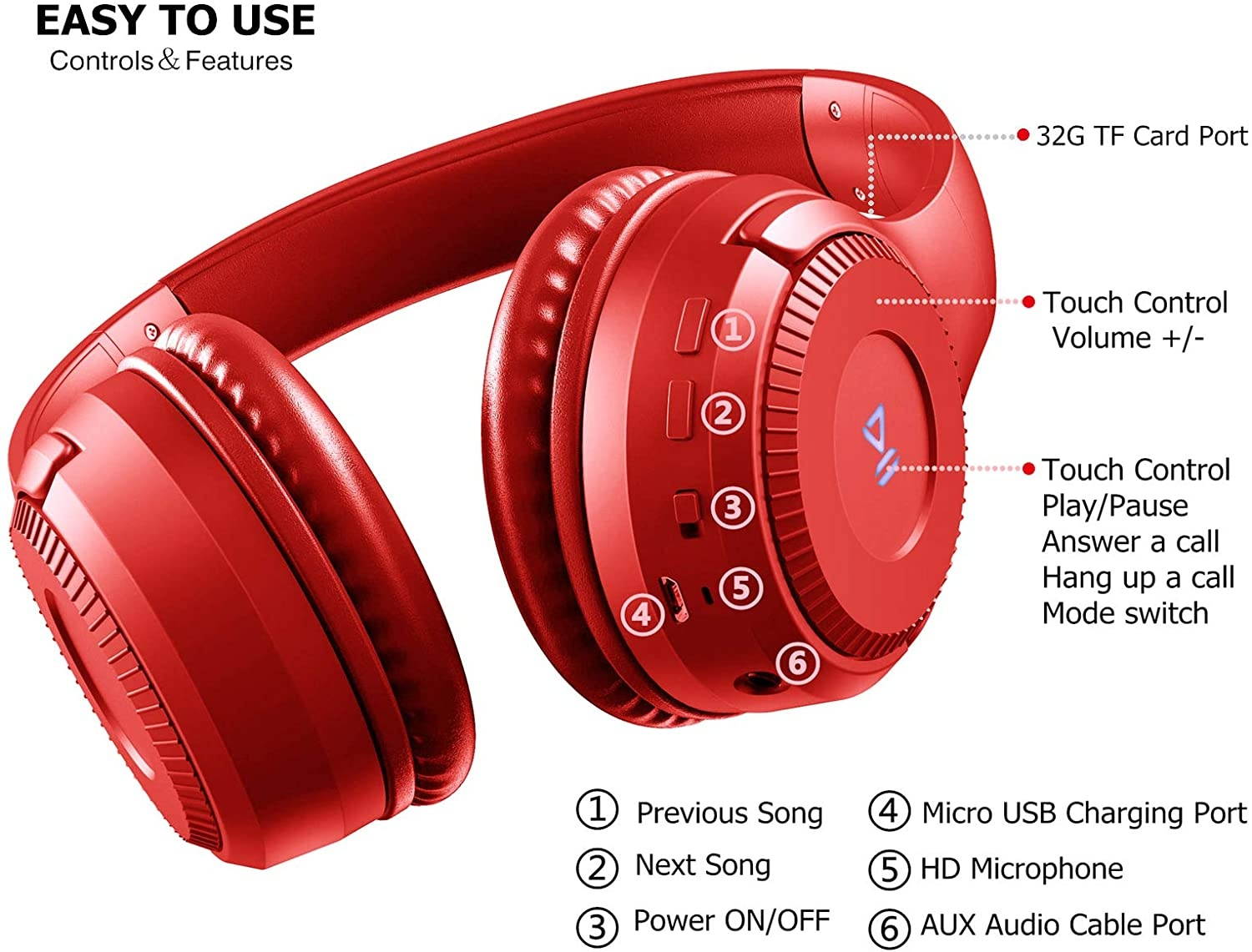 H2 Bluetooth Headphones Over EarDual 50mm Drivers HiFi Stereo Wireless Headphones Noise Cancelling Wireless Over Ear Headset with Mic and WiredTF Card Mode for Cell Phones/PC/TV - Red