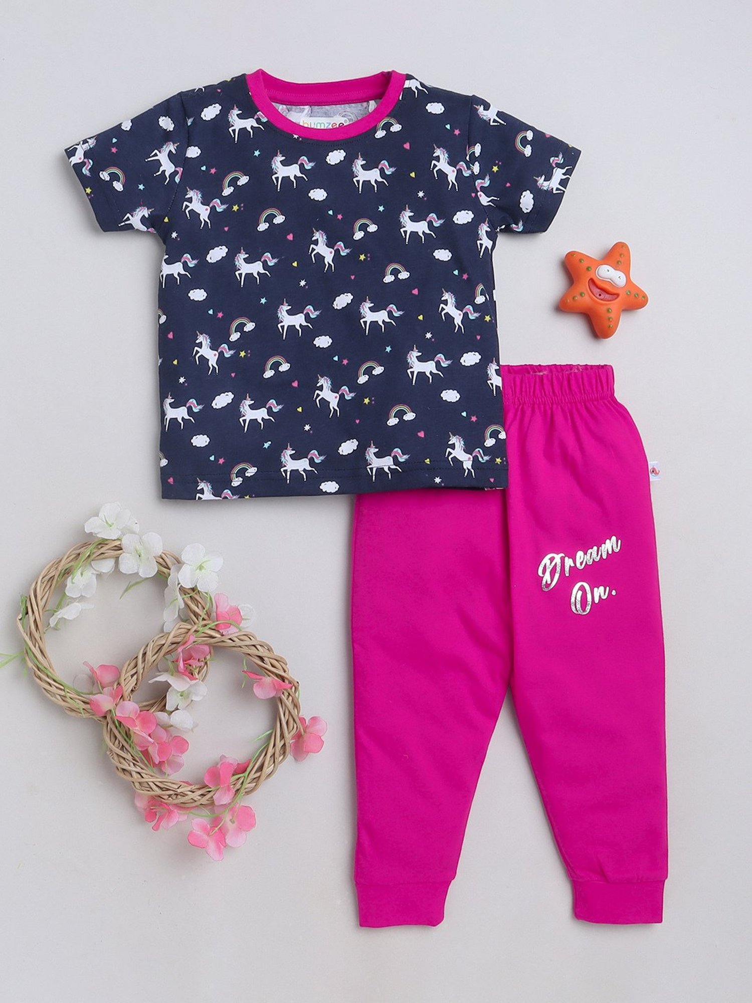 Bumzee Kids Navy & Pink Printed T-Shirt With Pyjamas