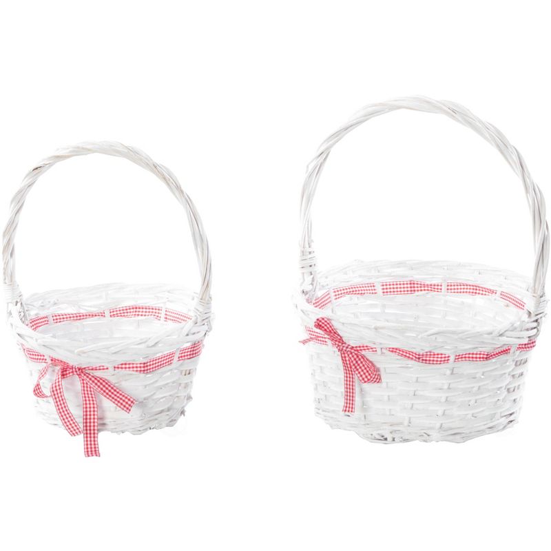 Vintiquewise White Willow Bowl Baskets Red Gingham Bow with Handle, Set of 2