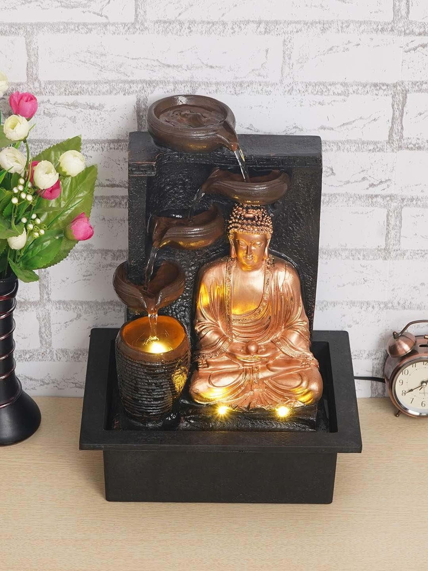 CHRONIKLE Golden Brown Polyresin Meditating Buddha 4 Steps Waterfall Fountain