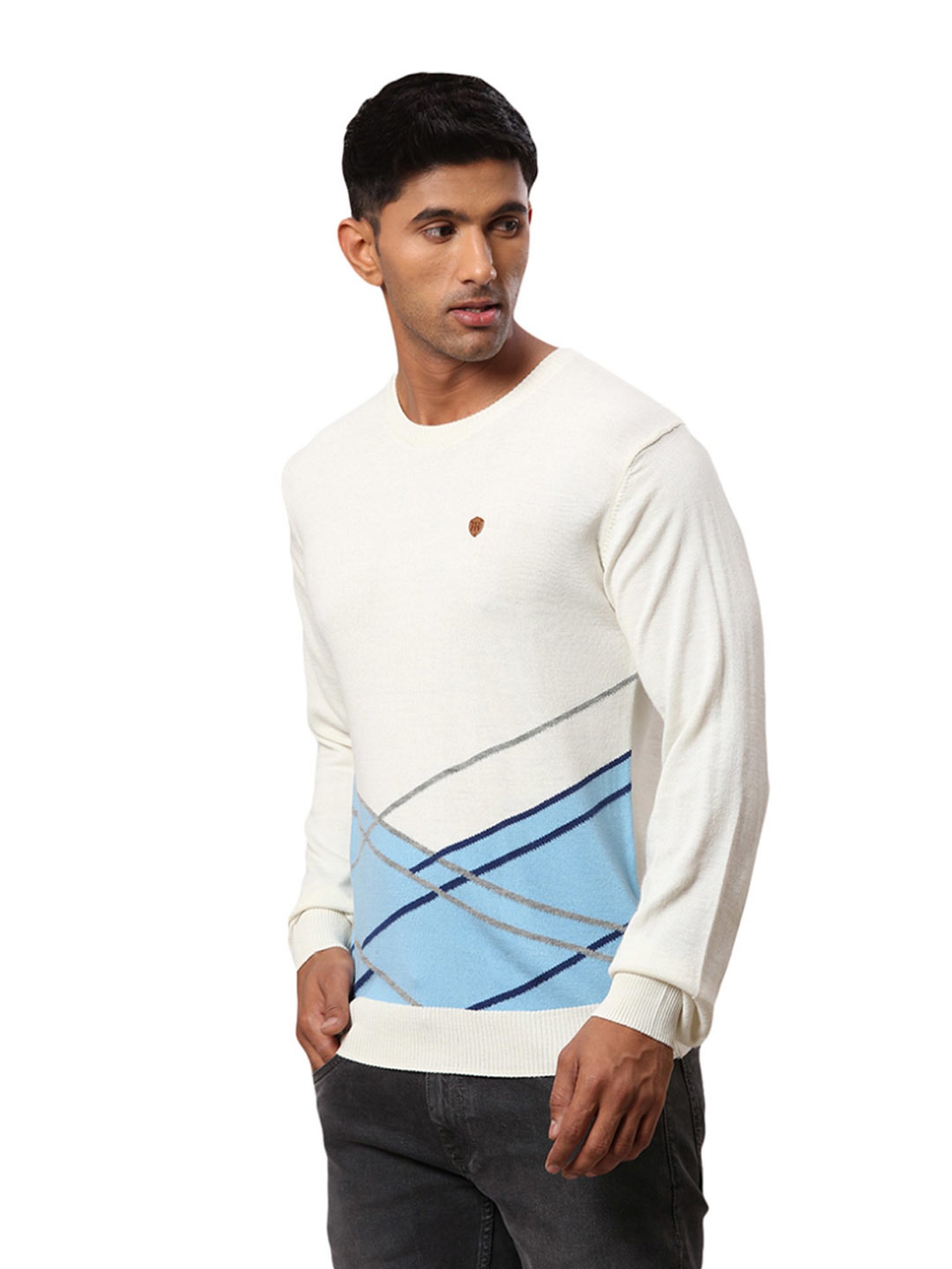 Raymond White & Blue Regular Fit Printed Sweater