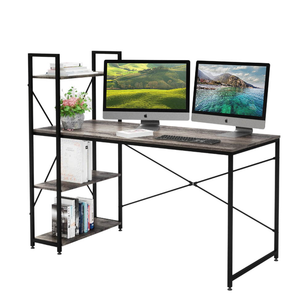 Bestier 63 Inch Computer Desk with Storage Shelves, Modern Bookshelf Desk with Headphone Hook Large Workstation Writing Desk with Reversible Bookshelves Home Office Work Table Study Desk Grey