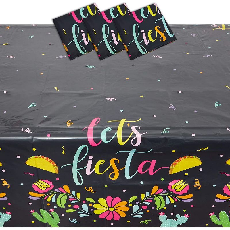 Sparkle and Bash 3 Pack Let's Fiesta Disposable Plastic Tablecloth for Cinco de Mayo Black, 54 x 108 In