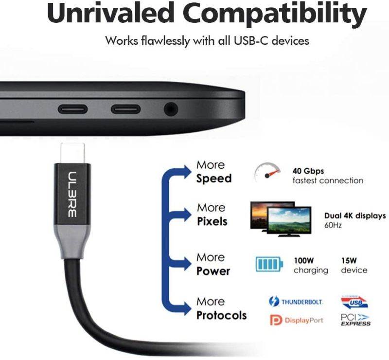 Thunderbolt 3 Cable 100W Charging 40Gbps 3.3ft ULBRE Type-C to USB C Cable 5K@60Hz 20V 5A USB4 Cable Compatible with MacBook iPad Pro Hub Docking
