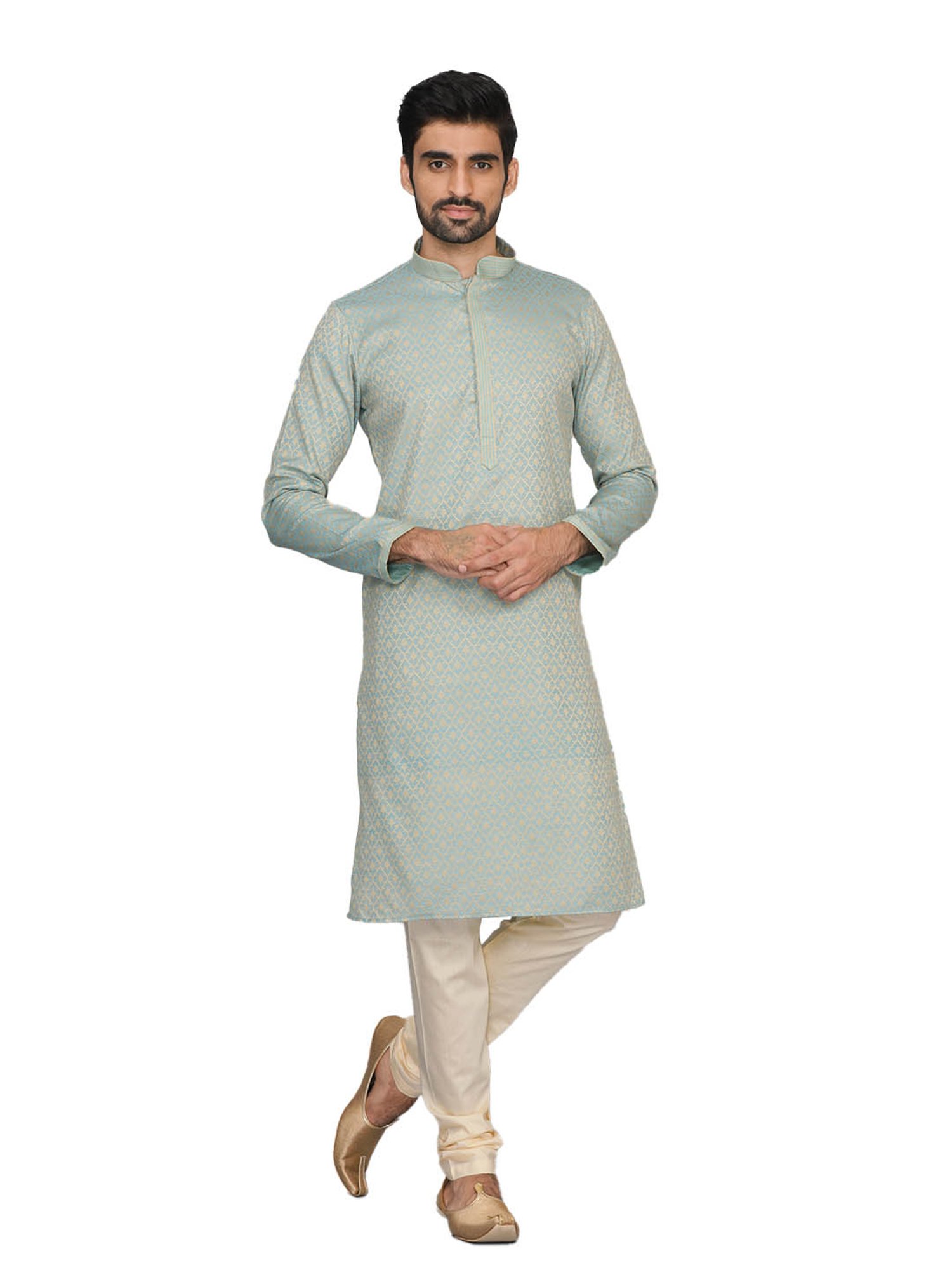 Manyavar Green & Beige Printed Kurta with Churidar Set