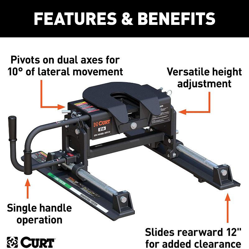 CURT 16516 E16 5th Wheel Slider Hitch for Short Bed Trucks 16,000 pounds, Black