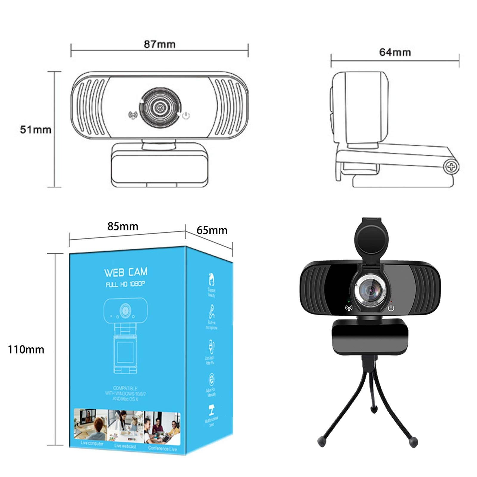 Webcam with Microphone, 1080P HD Webcam with 110-Degree Wide View Angle, Streaming Computer Web Camera with Noise Reduction Microphone, USB PC Webcam for Video Calling Recording Conferencing