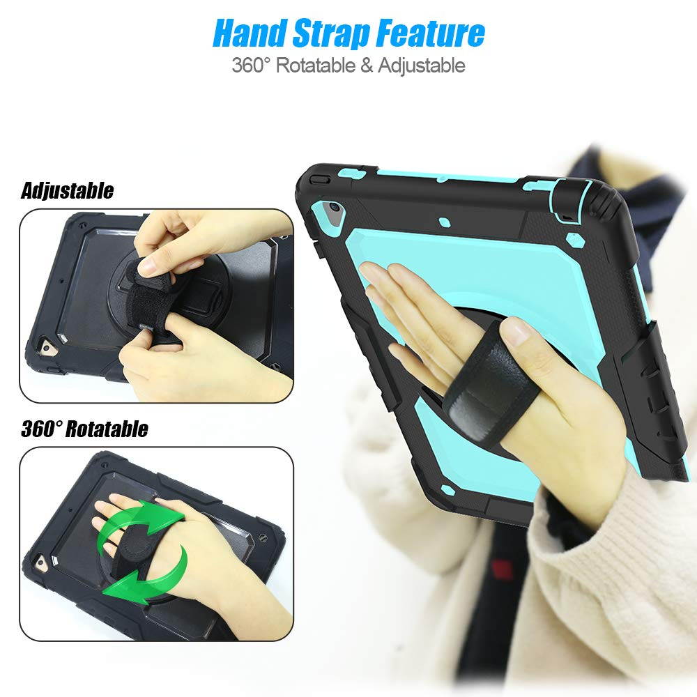 IPad 5th/6th Generation Case,Shockproof, Drop proof, 360 Degree Rotation Kickstand, Hand Strap,Shoulder Strip to Hang in Car Seat.Built-in Screen Protector for New iPad 9.7 2018/2017 Case