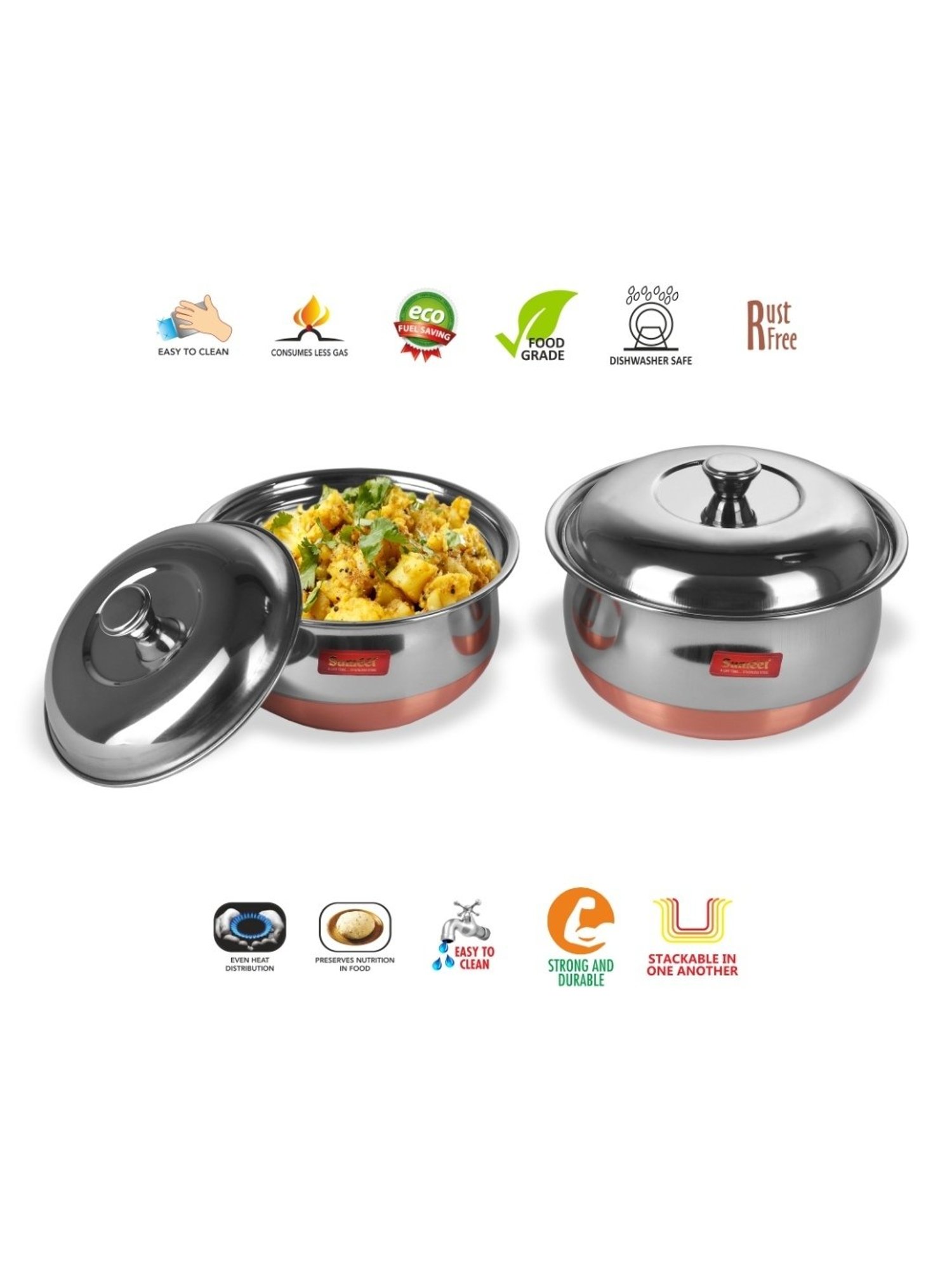 Sumeet S.S. Copper Bottom Multipurpose Cook & Serve Handi With Lid-2 Pcs Set (1.1 Ltr, 1.3 Ltr)