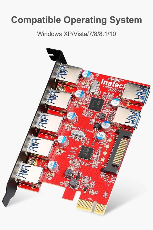 Inateck Superspeed 7 Ports PCI-E to USB 3.0 Expansion Card - 5 USB 3.0 Ports and 2 Rear USB 3.0 Ports Express Card Desktop with 15 Pin SATA Power Connector, Including Two Power Cables (KT5002)