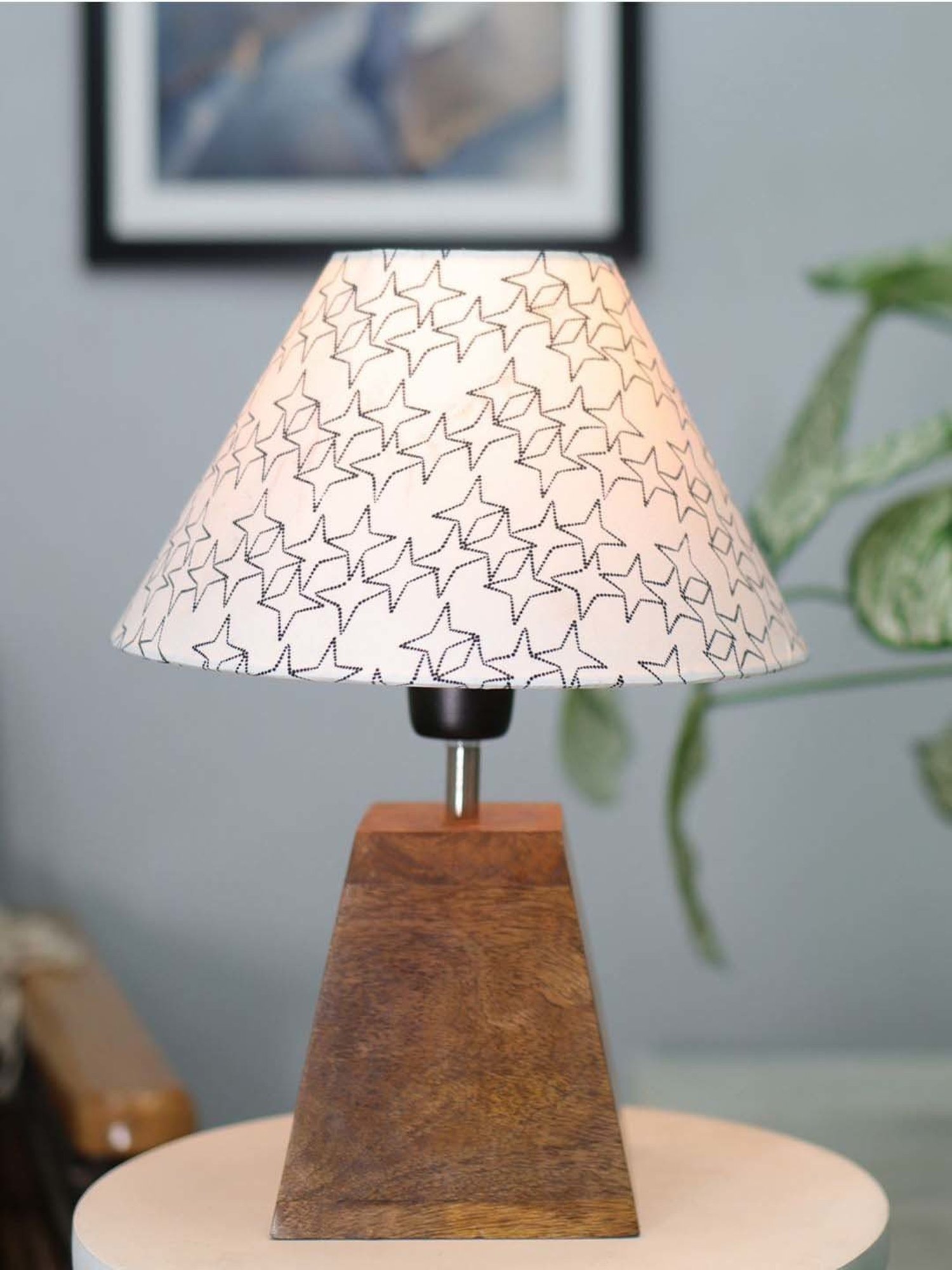 Homesake Cone Star White Wood Pyramid Table Lamp with Fabric Lampshade