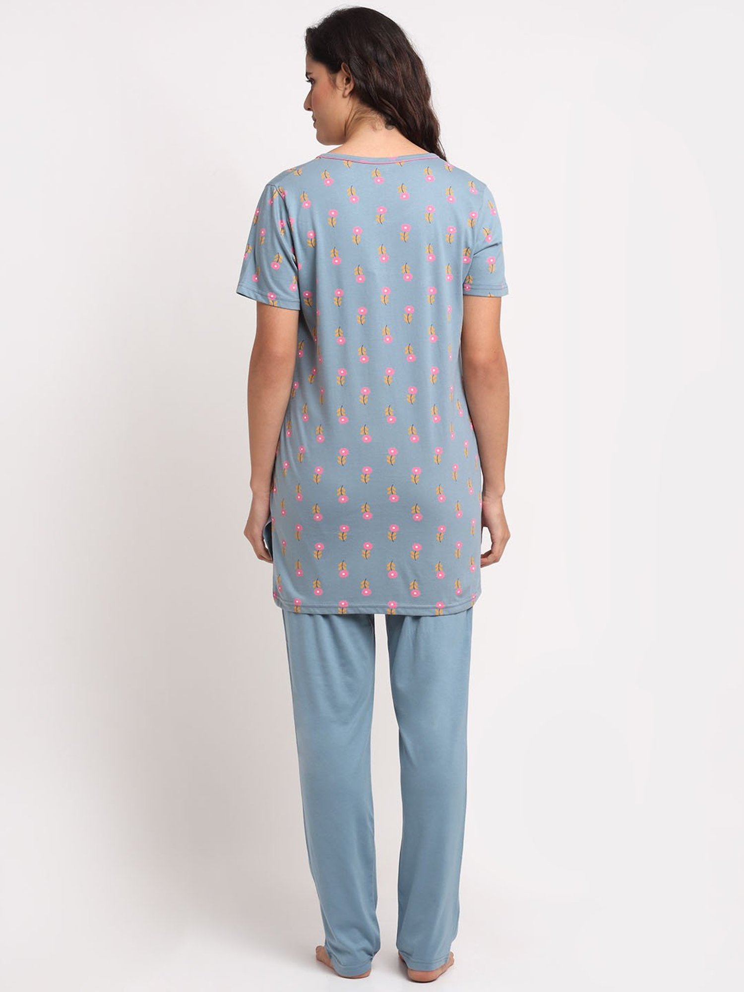 Kanvin Blue Floral Print Tunic with Pyajmas