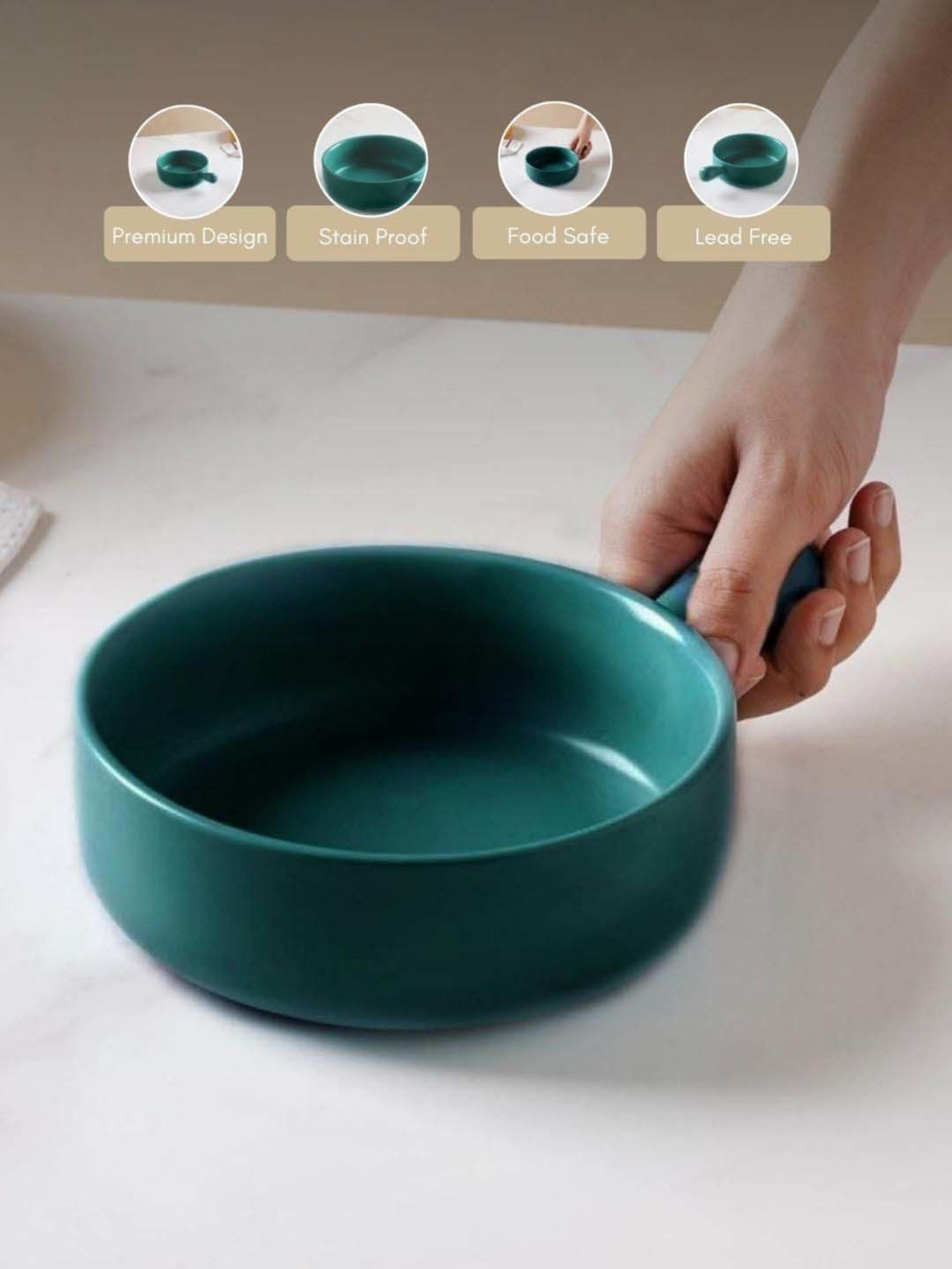 Nestasia Premium Quality Dark Green Ceramic Made Serving Bowl With Handle For Serving Snacks (600ml)