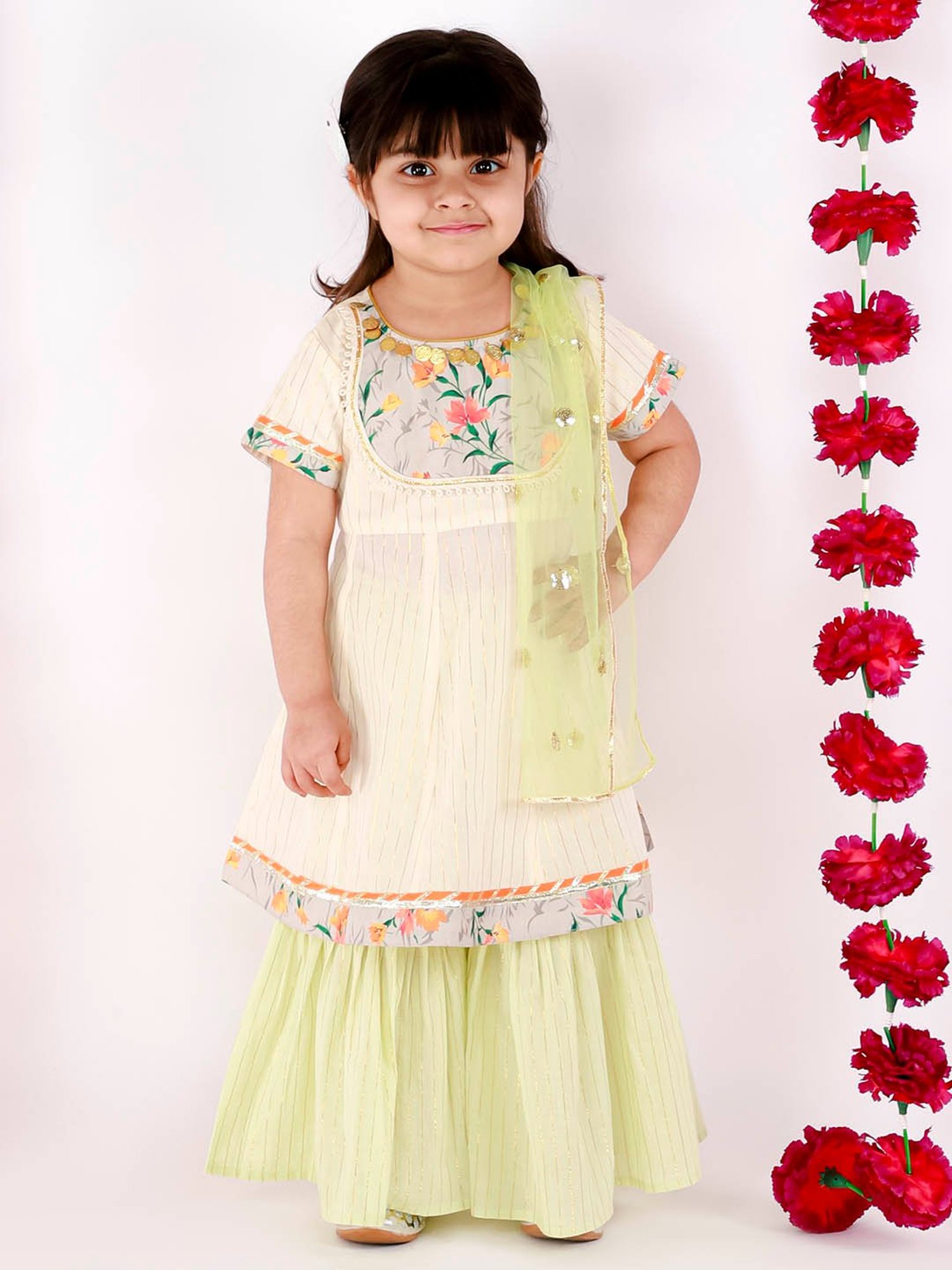 Little Bansi Kids Green Striped Kurta, Sharara with Dupatta