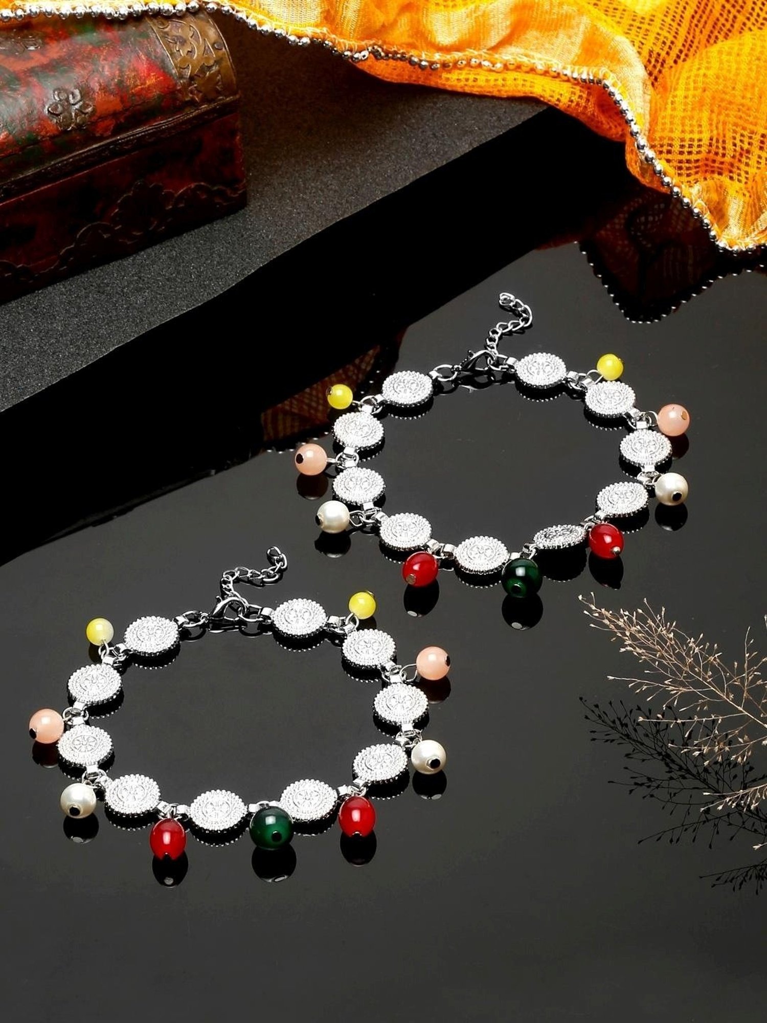 YouBella Gold-Plated Copper Strand Stylish Party Wear Anklets for Women - Set of 2