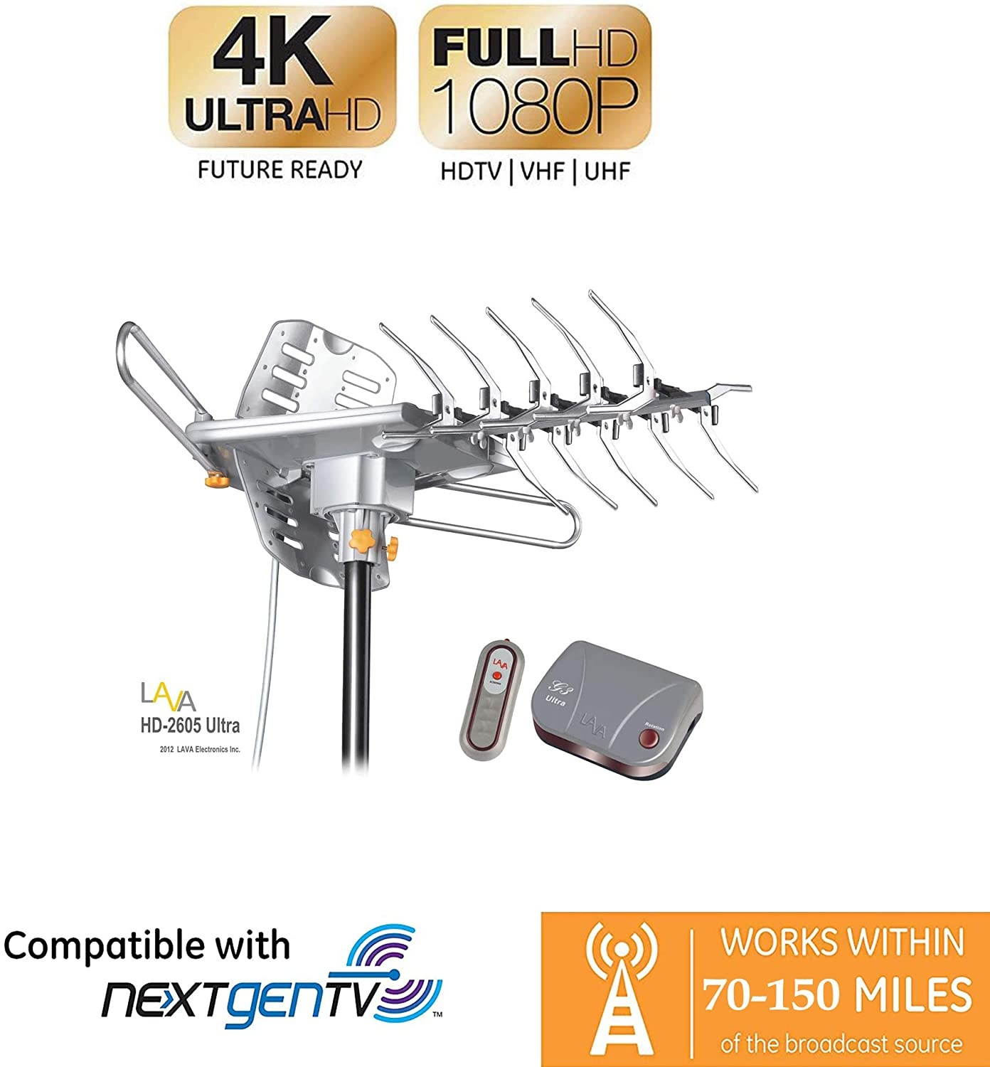 LAVA HD2605 [Newest 2020] Outdoor HD TV Antenna Remote Controlled Rotation Long Range 4K TV Installation Kit with Mounting Pole