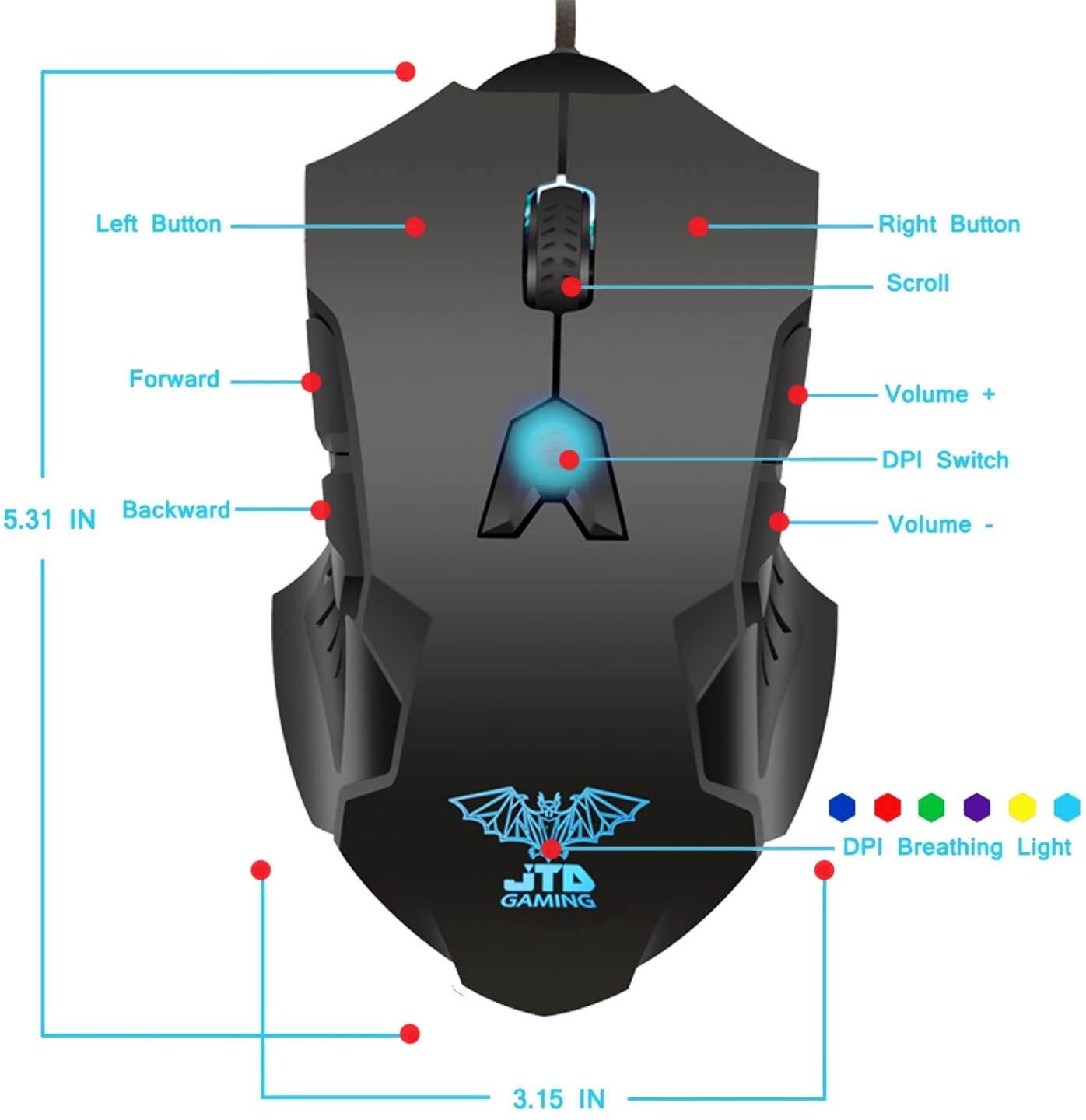 J-Tech Digital M999 Professional Gaming High Precision 200 to 8200 DPI Adjustable DPI LED Wired USB Laser Gaming Mouse for PC 8 Programmable Buttons 5 User Profiles Omron Switches Avago Sensor