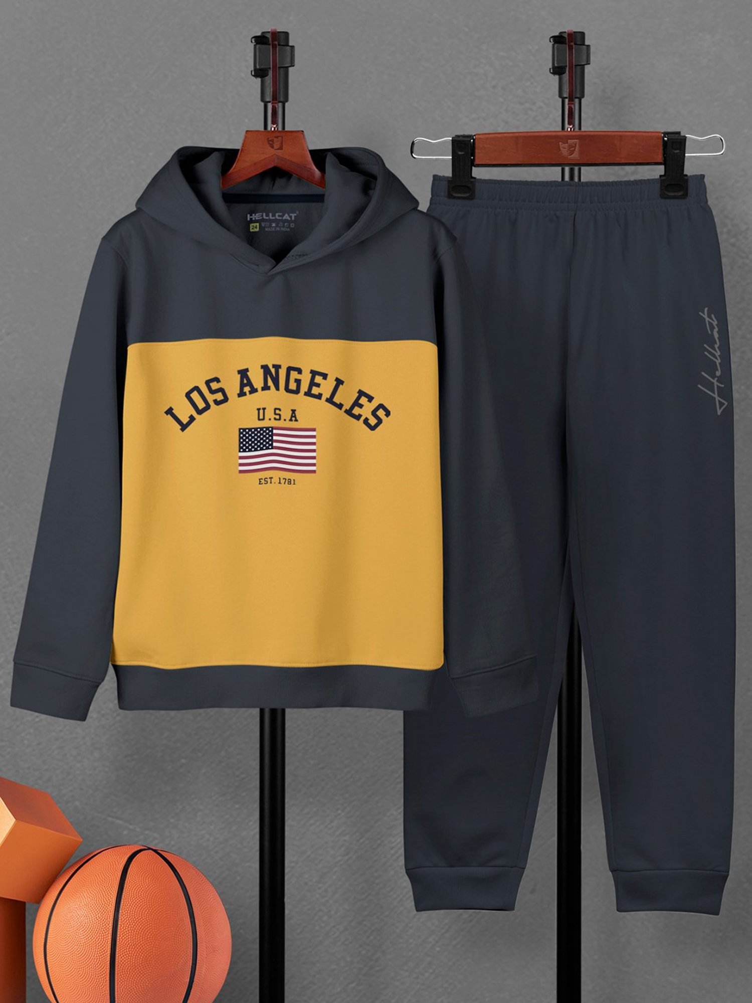 HELLCAT Kids Yellow & Dark Grey Printed Full Sleeves Hoodie T-Shirt with Trackpants