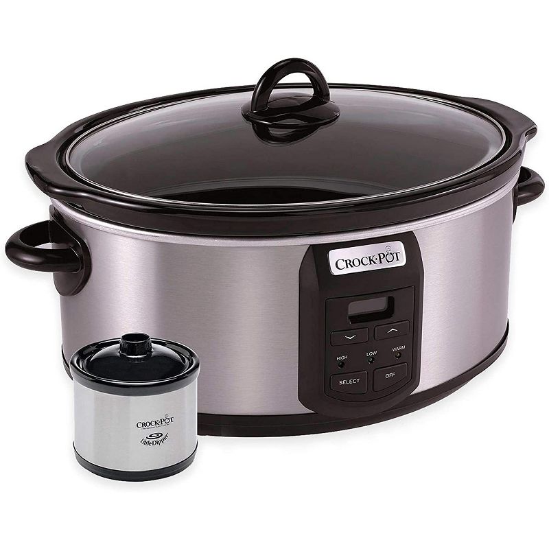 Crock-Pot SCCPVS703S 7 Quart Programmable Food Slow Cooker with Clear Glass Lid and Bonus Single Little Dipper Warmer, Stainless Steel