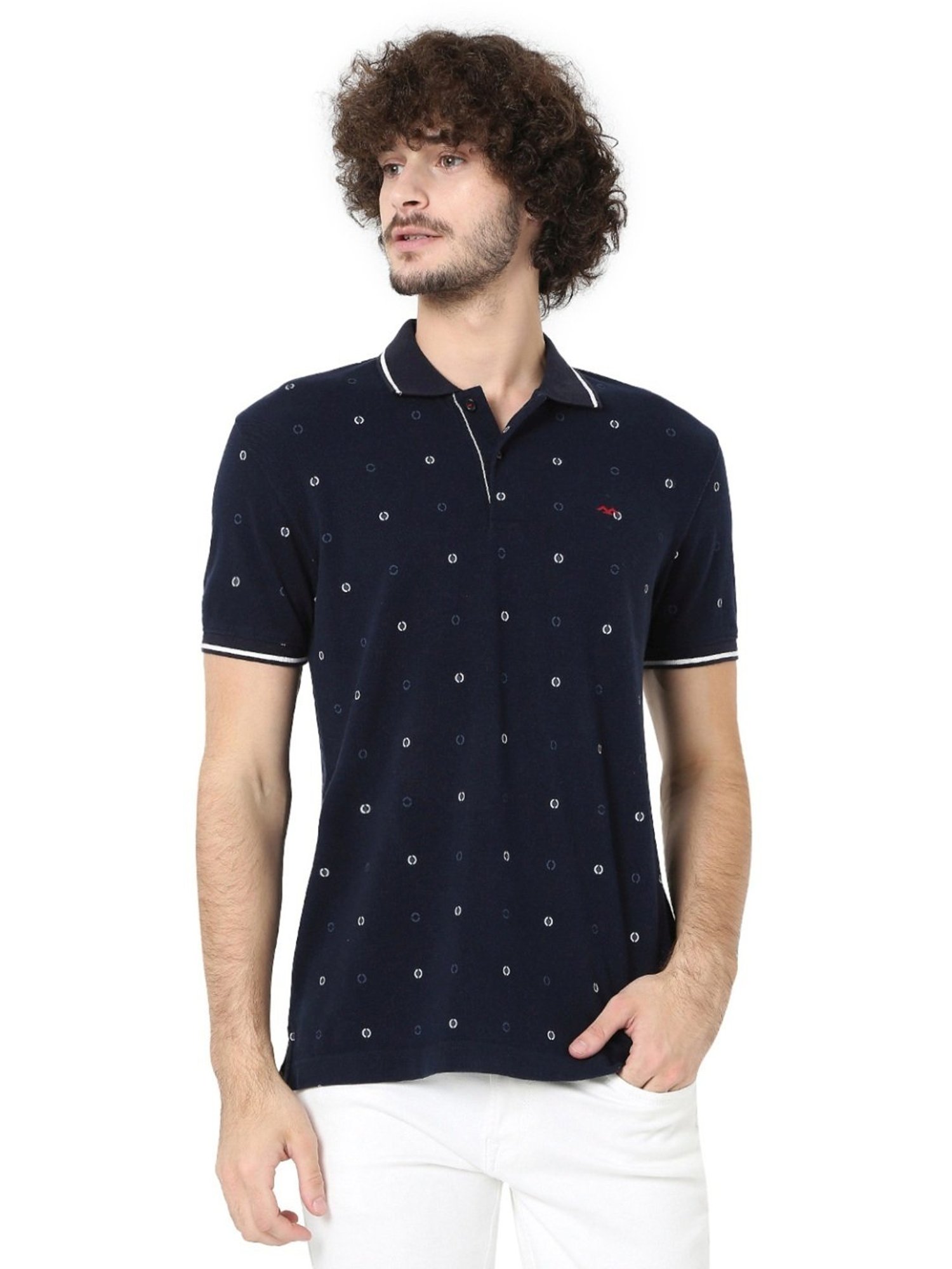 Mufti Blue Cotton Slim Fit Printed Polo T-Shirt