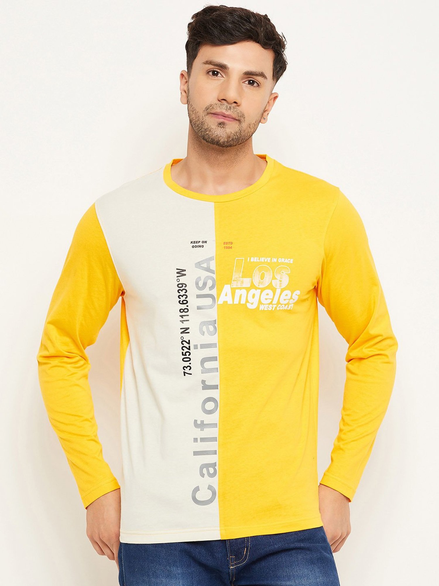 Club York Yellow Regular Fit Printed Crew T-Shirt