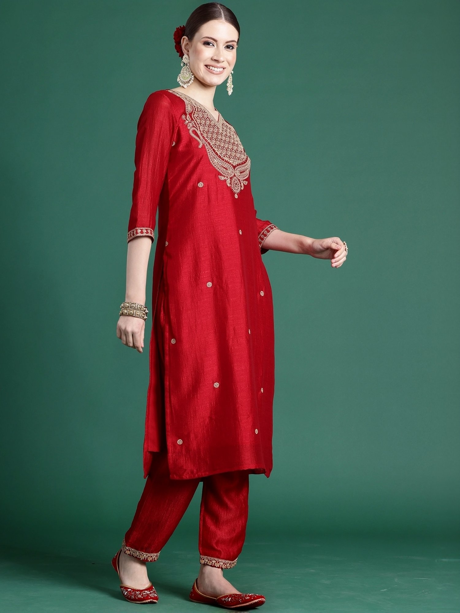Indo Era Red Embroidered Kurta Pant Set With Dupatta
