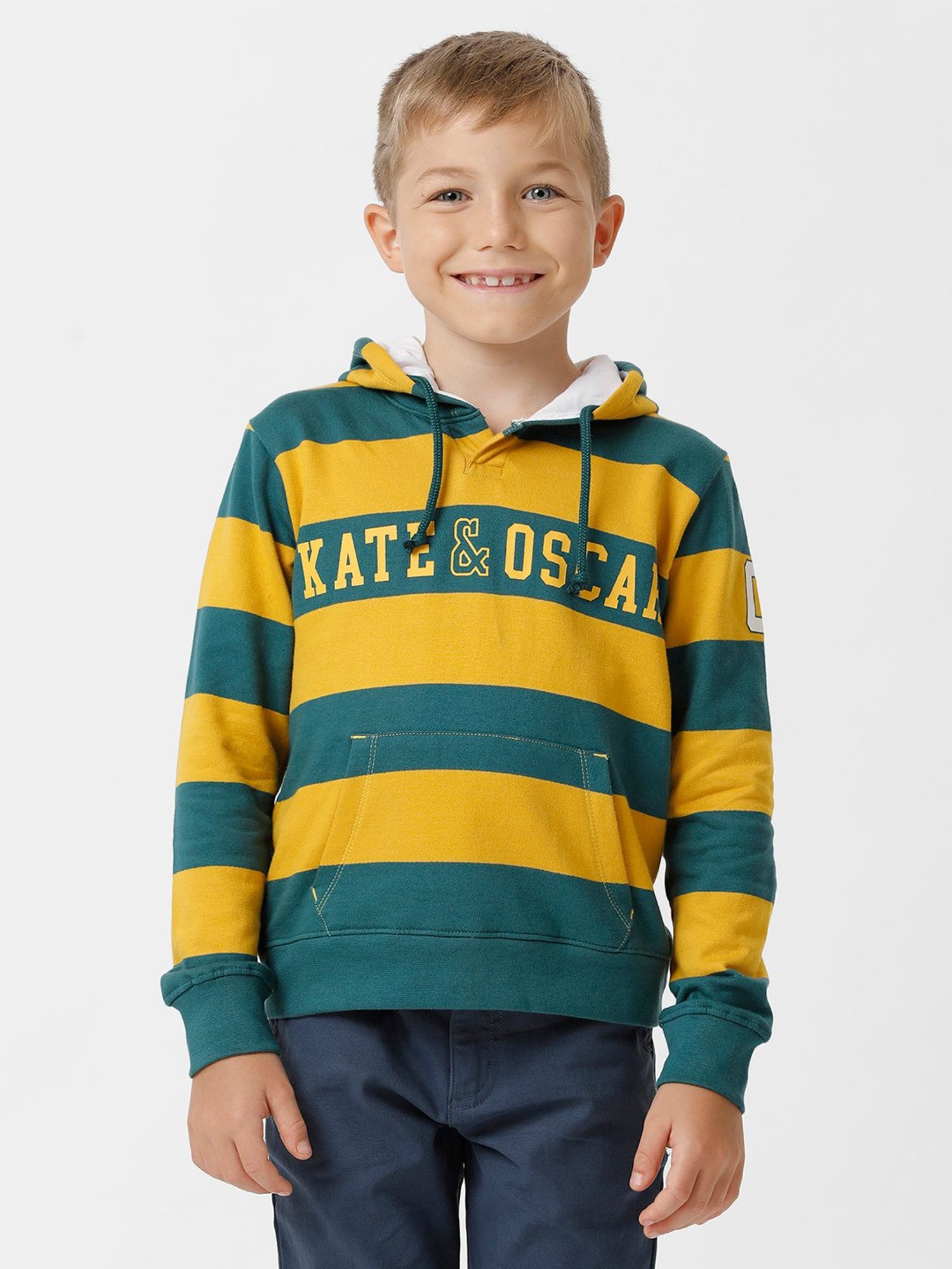 Kate & Oscar Kids Mustard & Teal Striped Full Sleeves Sweatshirt