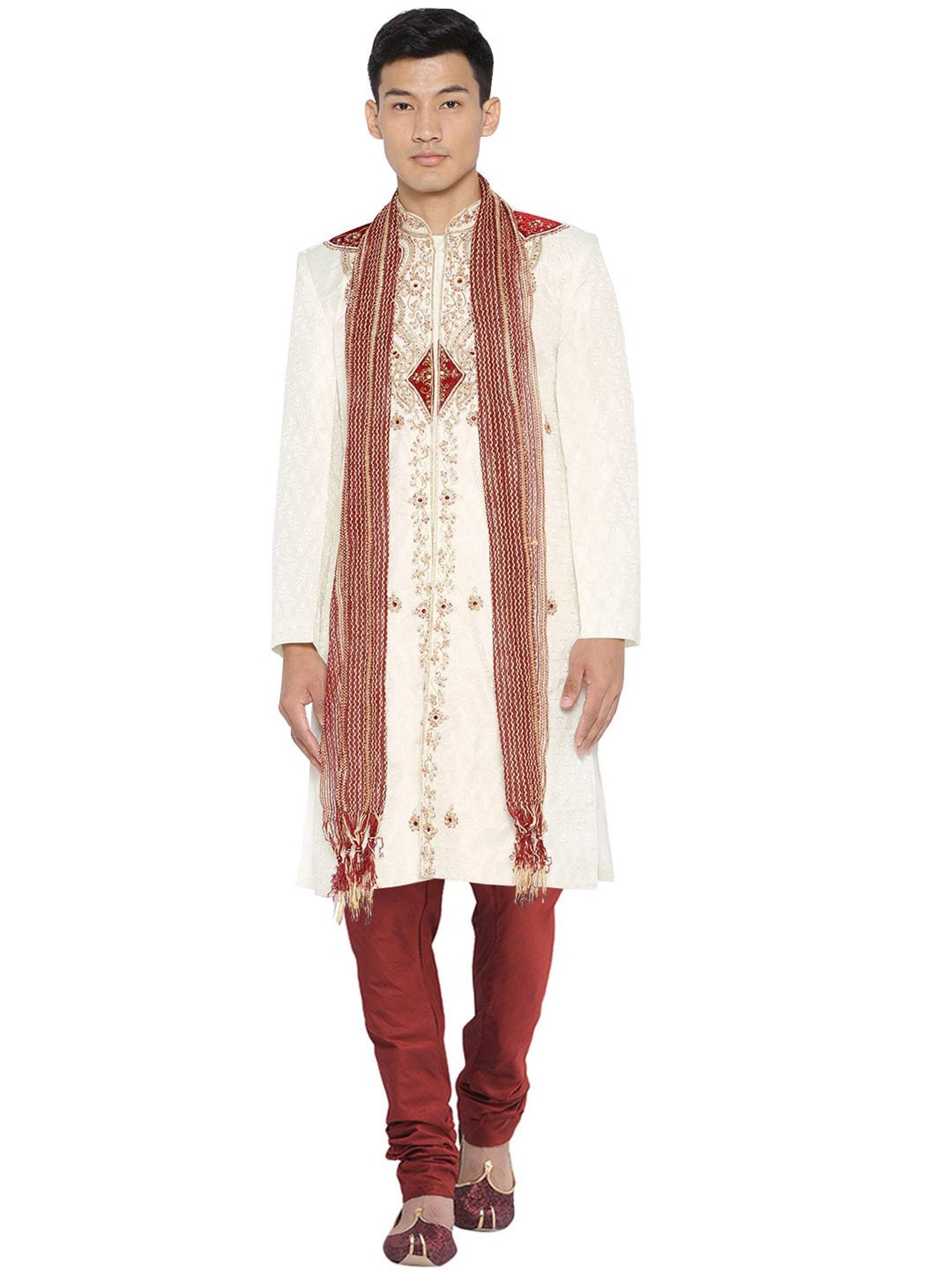 SG LEMAN Cream Regular Fit Embellished Sherwani Set