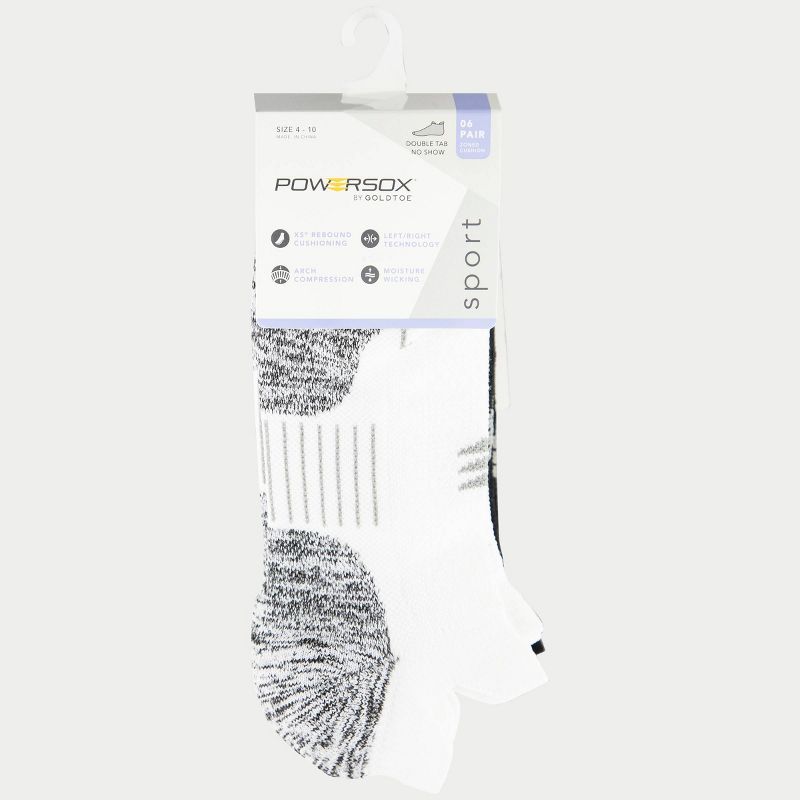 Powersox Women's Cushioned 6pk No Show Double Tab Athletic Socks - White/Black 4-10