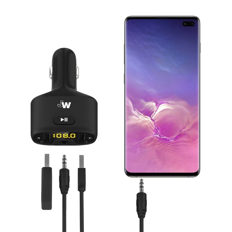 Just Wireless FM Transmittr (3.5mm)  with 2.4A/12W 2-Port USB Car Charger - Black