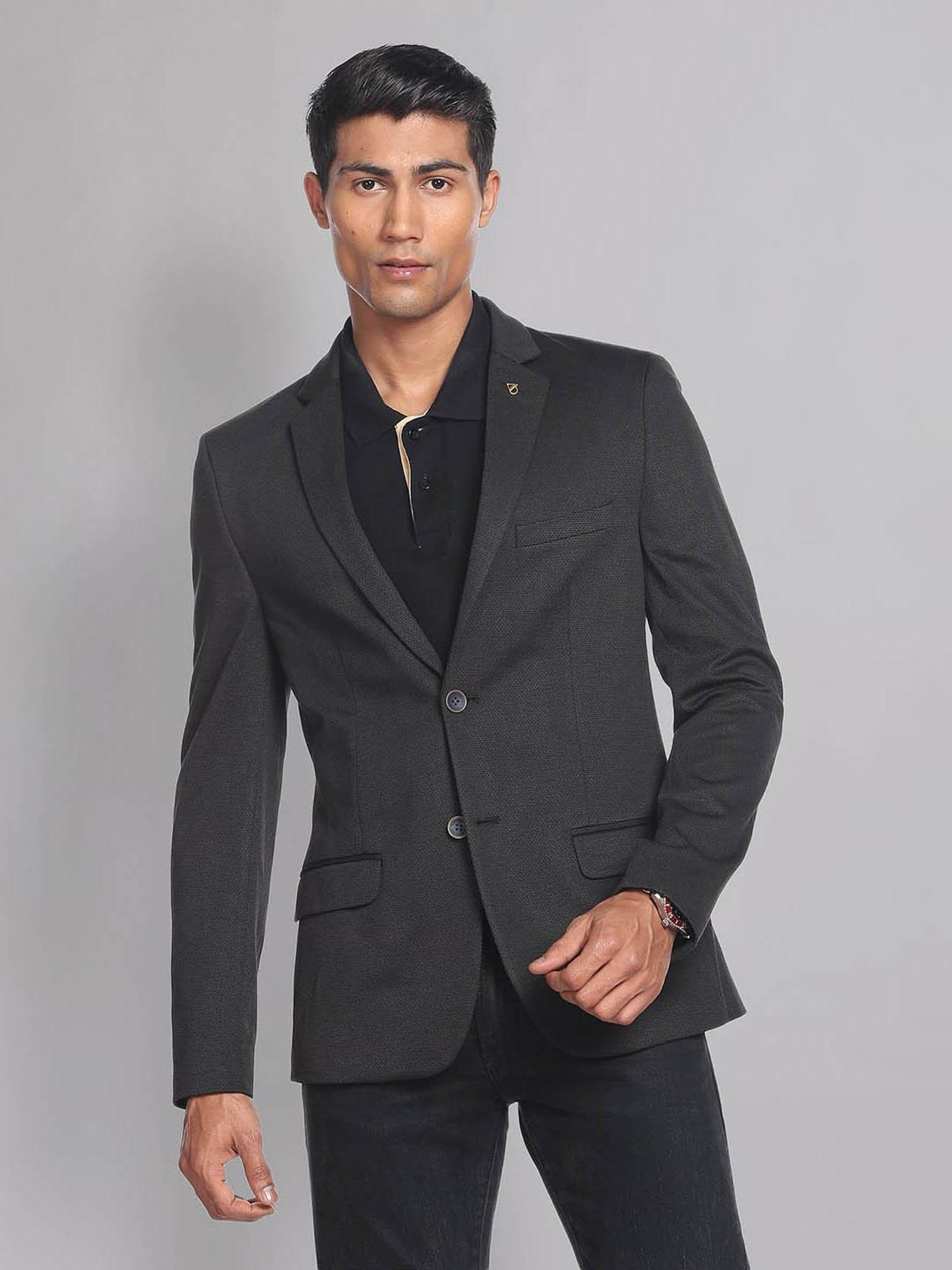 AD by Arvind Black Slim Fit Self Design Blazer