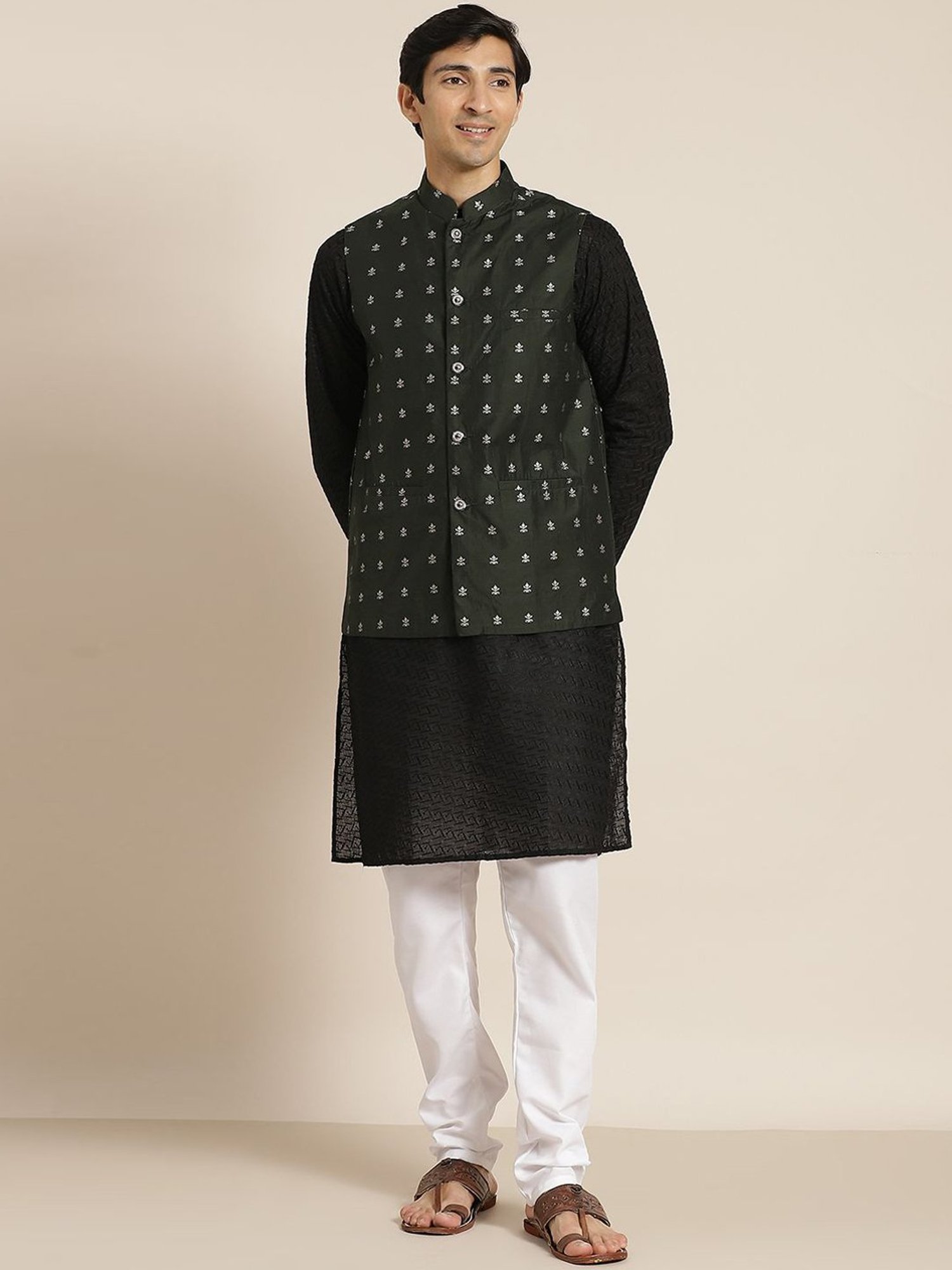 Sojanya Black & Green Regular Fit Embroidered Kurta Set With Jacket
