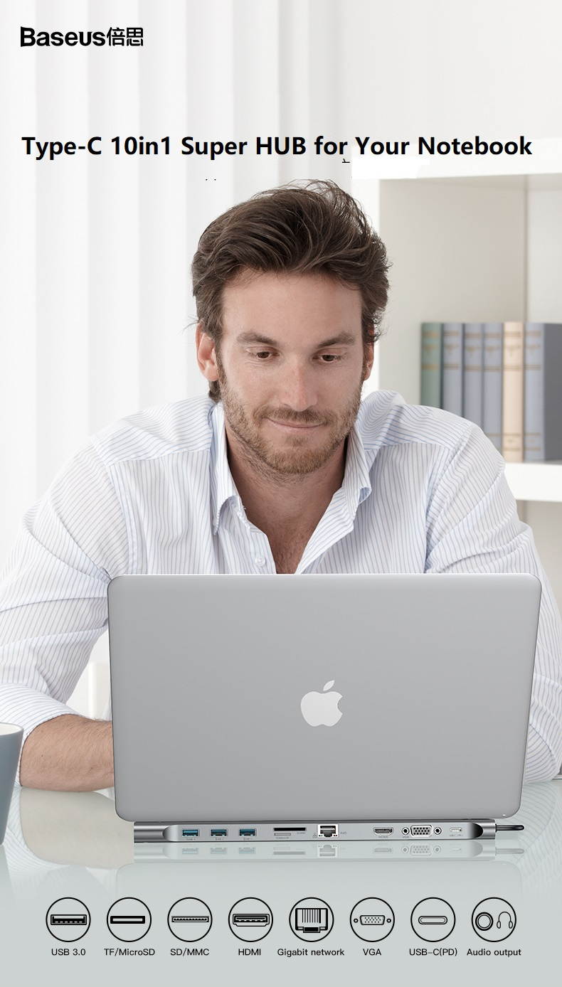 Baseus 10-in-1 USB-C Type-C Super HUB with 4K HDMI 1080p VGA 1000Mbps LAN SD TF PD 3 x USB3.0 Audio Dock, Notebook Docking Stand, Your Efficient Office Toolkit, 10 in 1 USB C HUB Docking for Laptop.