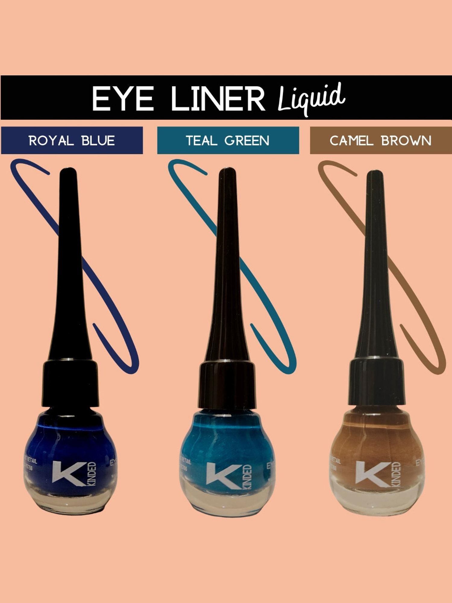 KINDED Liquid Eye Liner Teal Green, Royal Blue & Camel Brown Combo