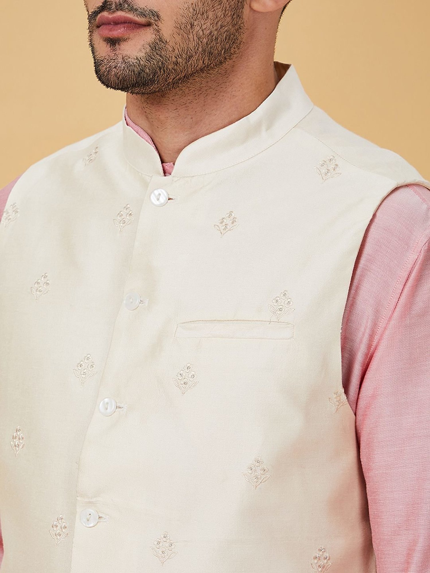 Indus Route By Pantaloons Beige Regular Fit Embroidered Nehru Jacket