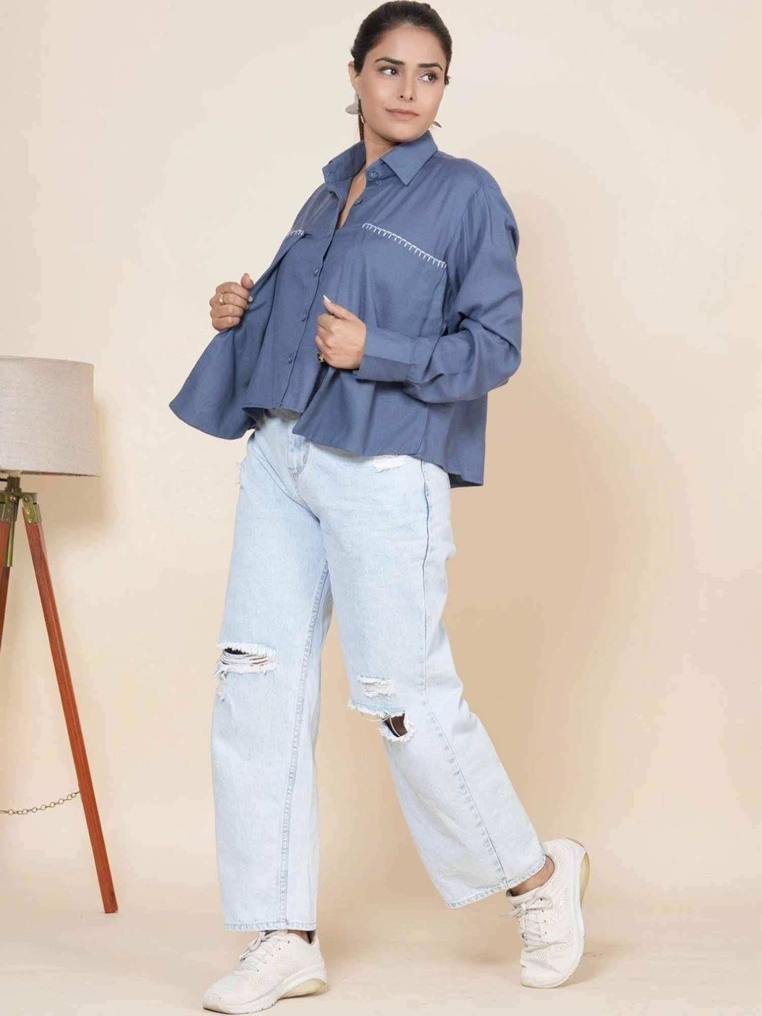 Kaftanize Blue Crop Linen Slit Back Shirt with Thread Work Embroidery