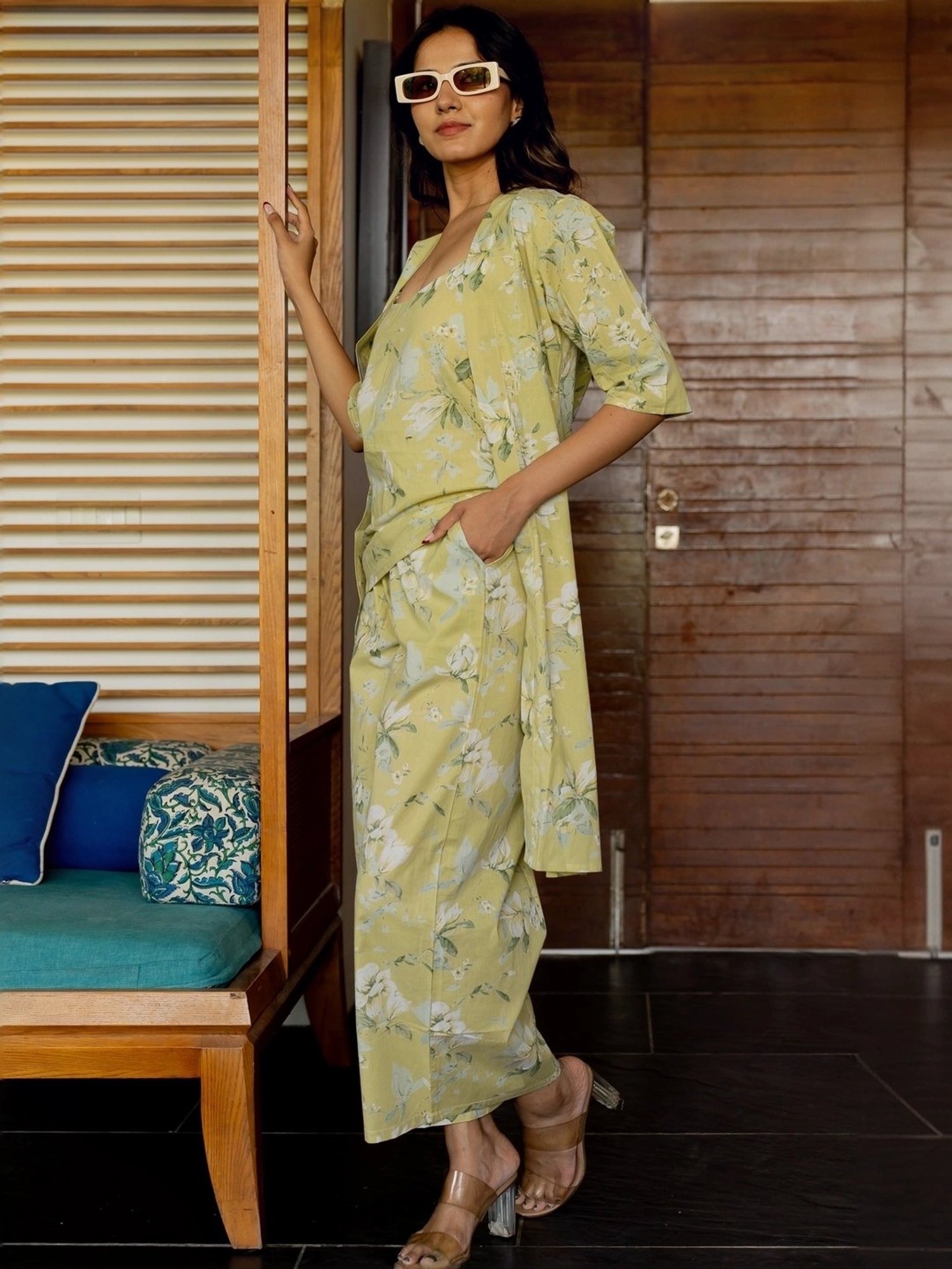 MIRCHI FASHION Yellow Cotton Printed Top Palazzo Set With Shrug