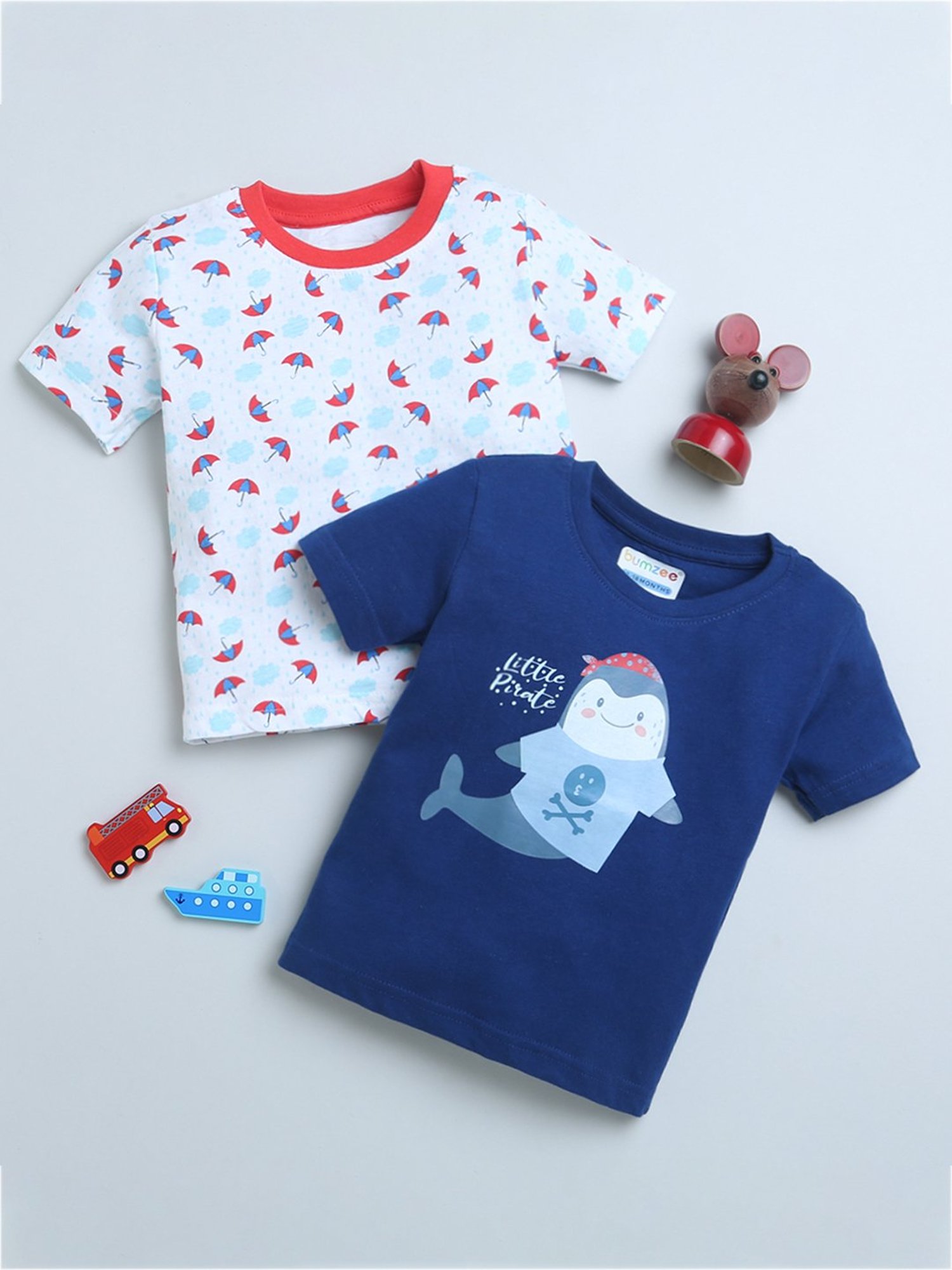 Bumzee Kids Navy & White Printed T-Shirt (Pack Of 2)