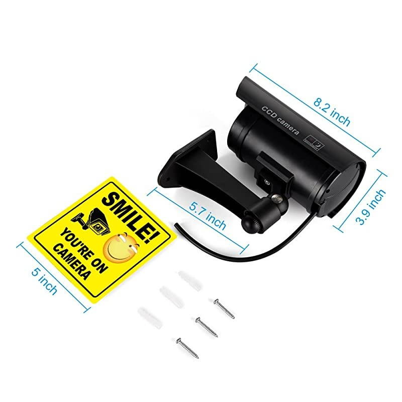 Fake Security Camera Dummy CCTV Surveillance System with Realistic Red Flashing Lights and Warning Sticker 4 Black