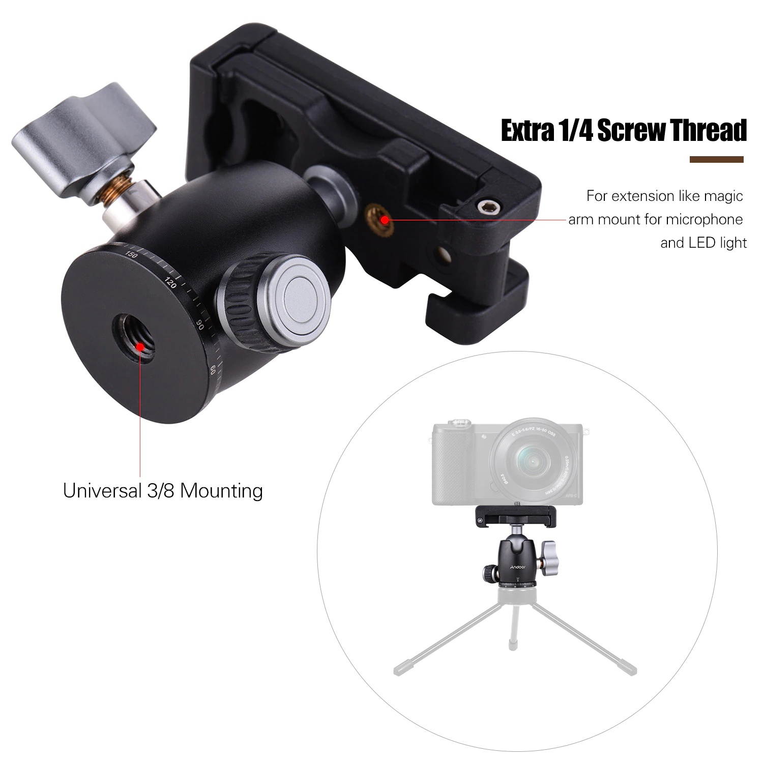 Camera Tripod Ball Head 360&deg; Swivel Panorama ballhead Rotating with Integrated Phone Clamp 1/4 Screw Universal 3/8 Mounting