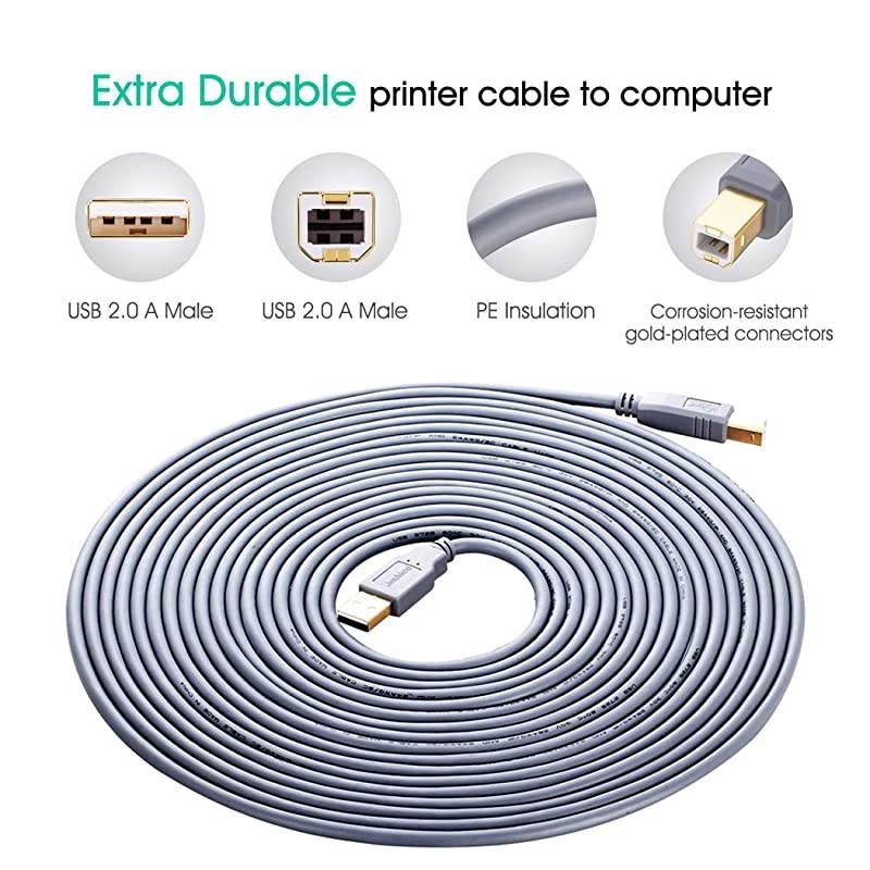 Printer Cable 20 ft  USB Printer Cable USB 20 Type A Male to Type B Male Printer Scanner Cable for HP Canon Lexmark Epson Dell Xerox Samsung etc