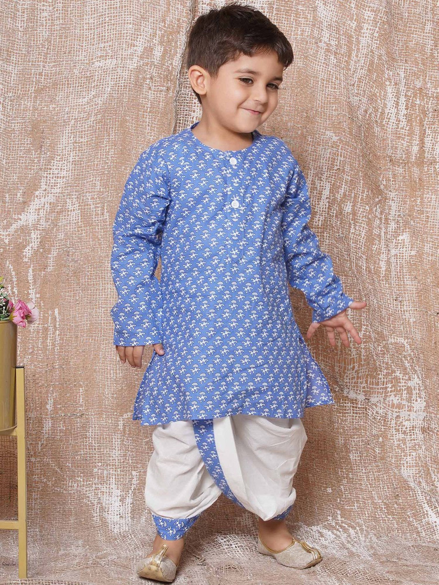 AJ Dezines Kids Blue & White Printed Full Sleeves Kurta with Dhoti
