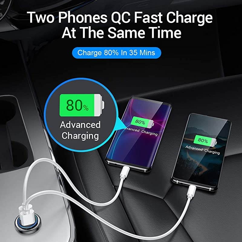 Charge 3.0 Car Charger Mini 30W 4.8A Metal Dual USB Ports QC 3.0 Car Charger Adapter Flush Fit Fast Charge Car Adapter for iPhone 11/XR/Xs/Max/X/8/7, iPad Pro/Air 2/Mini, Galaxy, LG and More