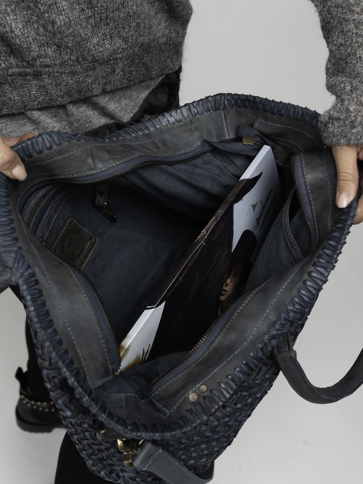 Art N Vintage Joelle Blue Leather Textured Large Tote Handbag